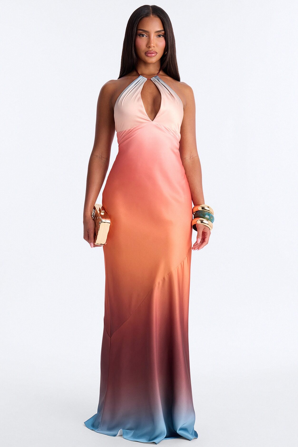 Analise Ombre Satin Maxi Dress - Coral/combo
