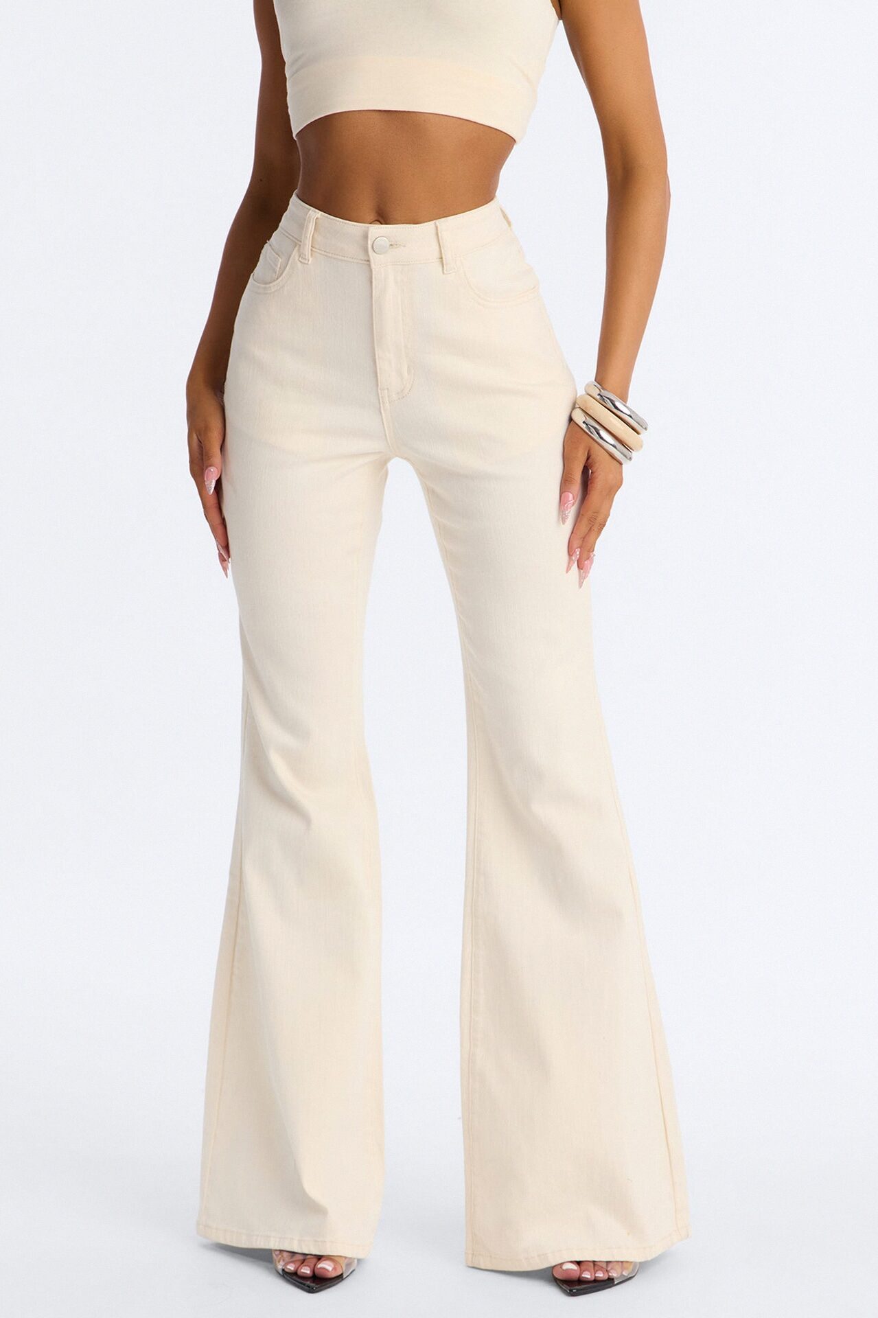 Perfect And Pristine Classic Stretch Flare Jeans - Cream