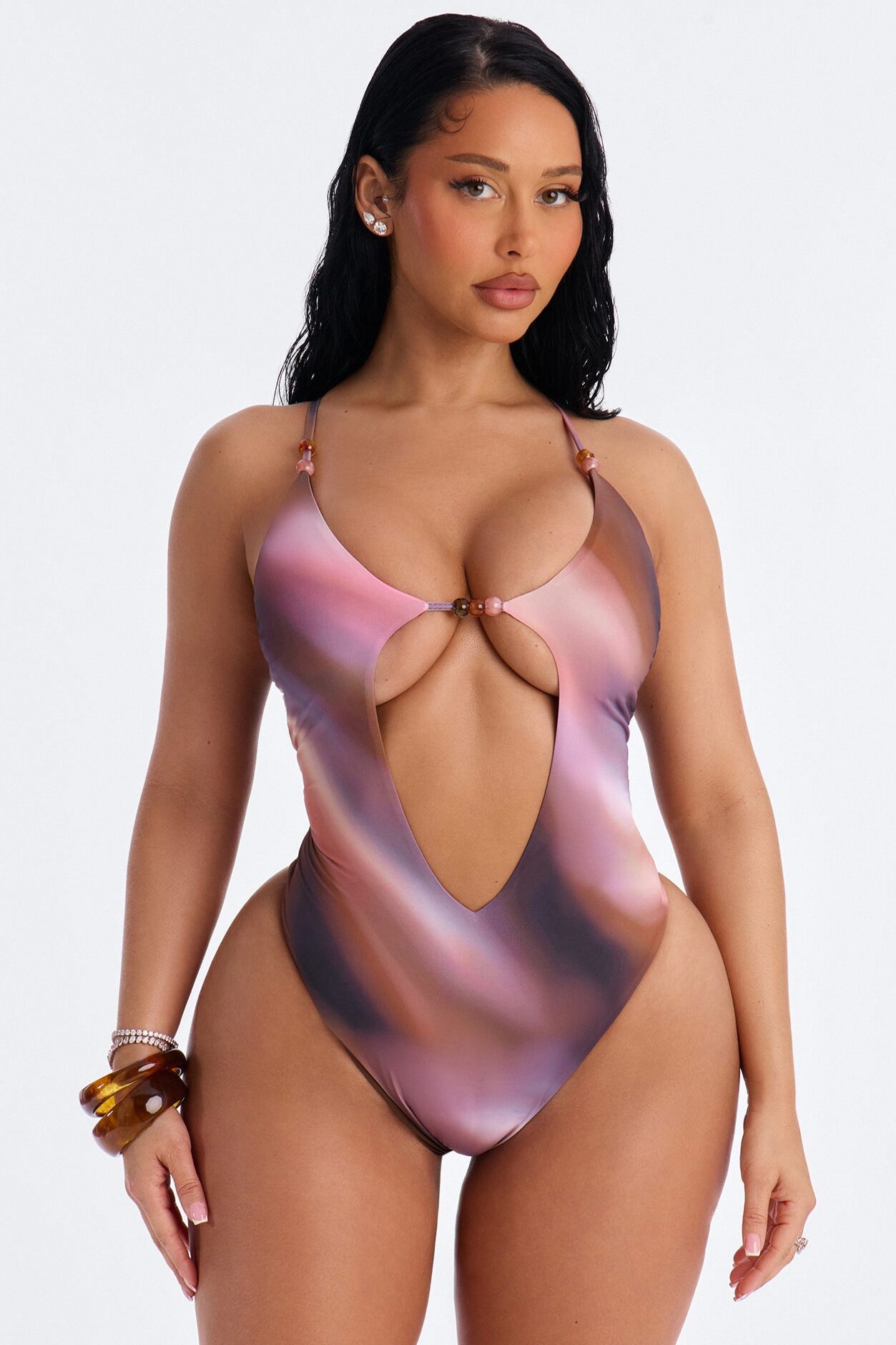 Warm Island Breeze 1 Piece Ombre Cut Out Swimsuit & Micro Mini Sarong Set - Multi Color