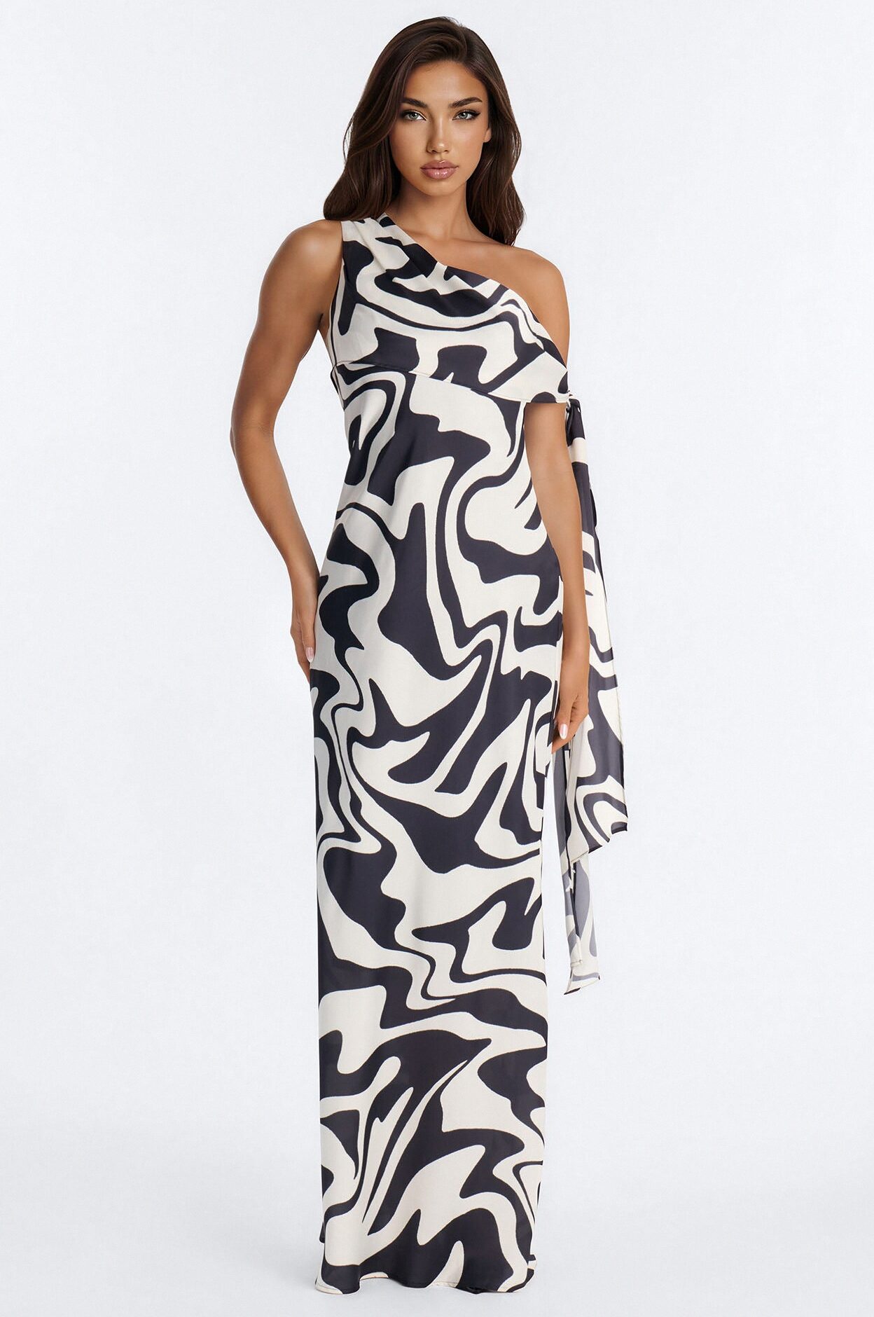 Berlin Printed Satin Off Shoulder Maxi Dress - White/Black