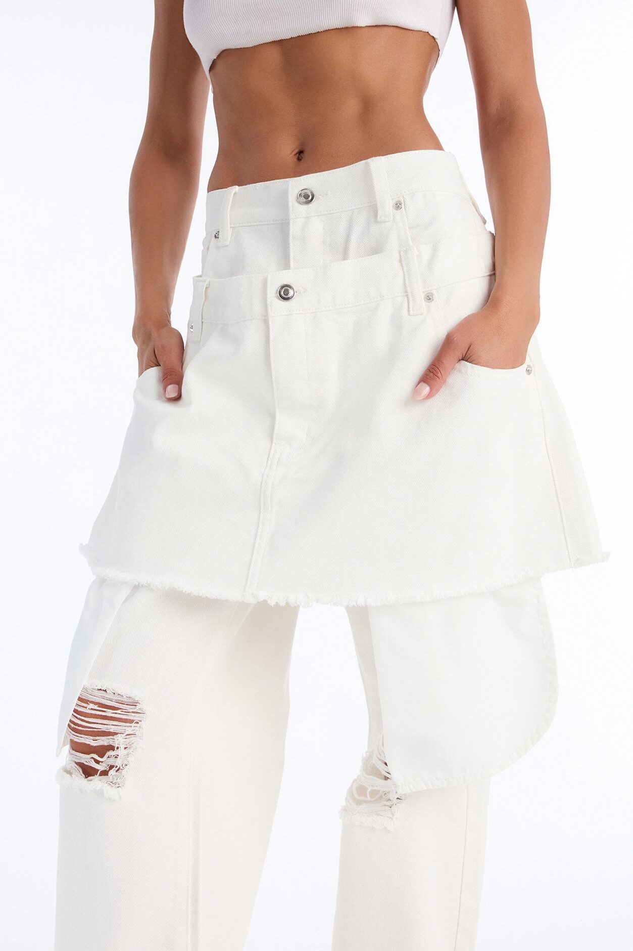 Afterparty Ripped Skirt Overlay Straight Leg Jeans - White