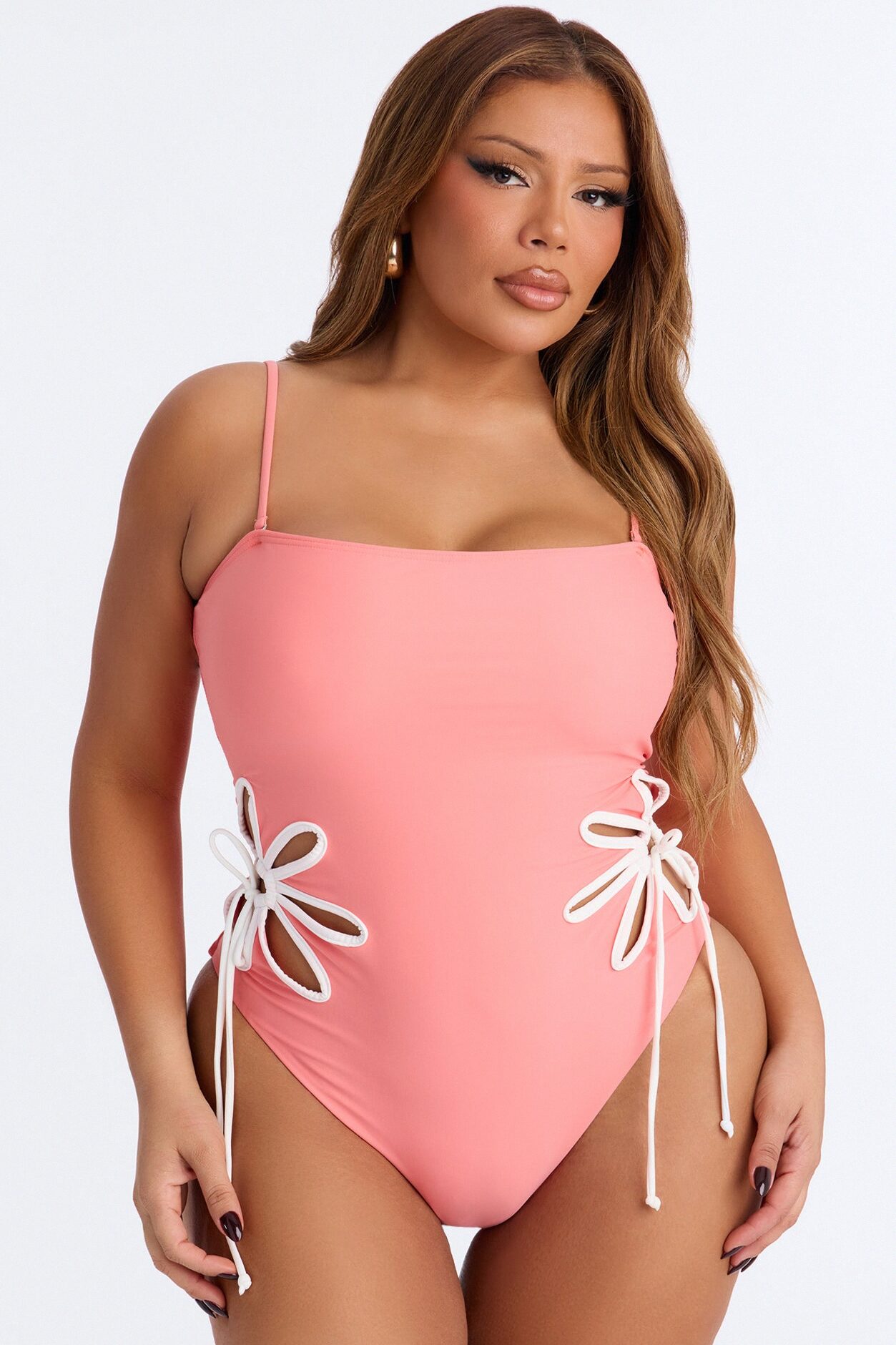 Sweet Spell 1 Piece Strapless Floral Cut Out Swimsuit - Coral