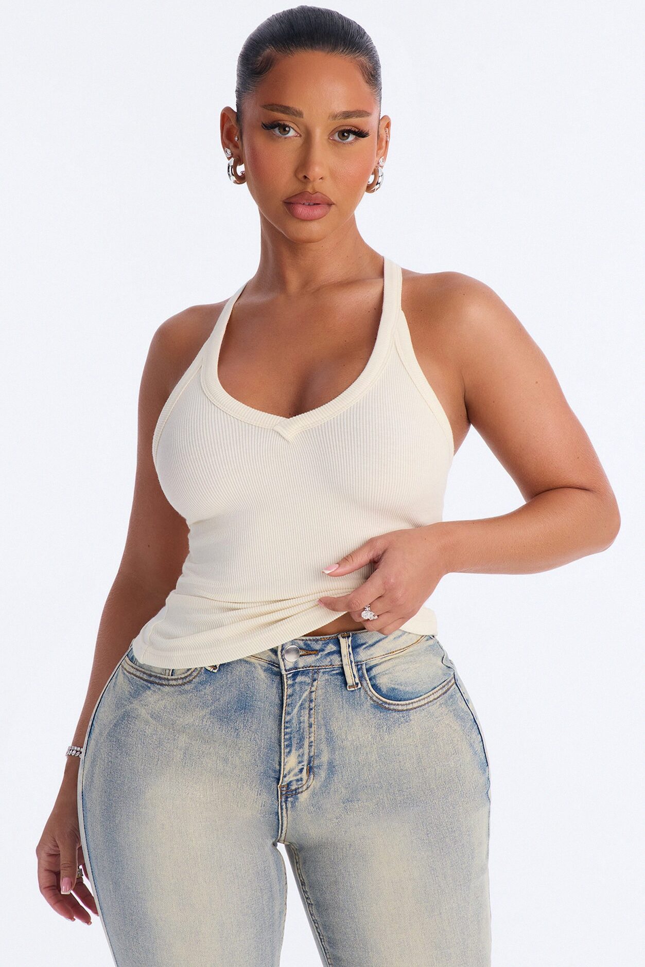 Kimberly Rib V-Neck Racerback Sleeveless Top - Cream