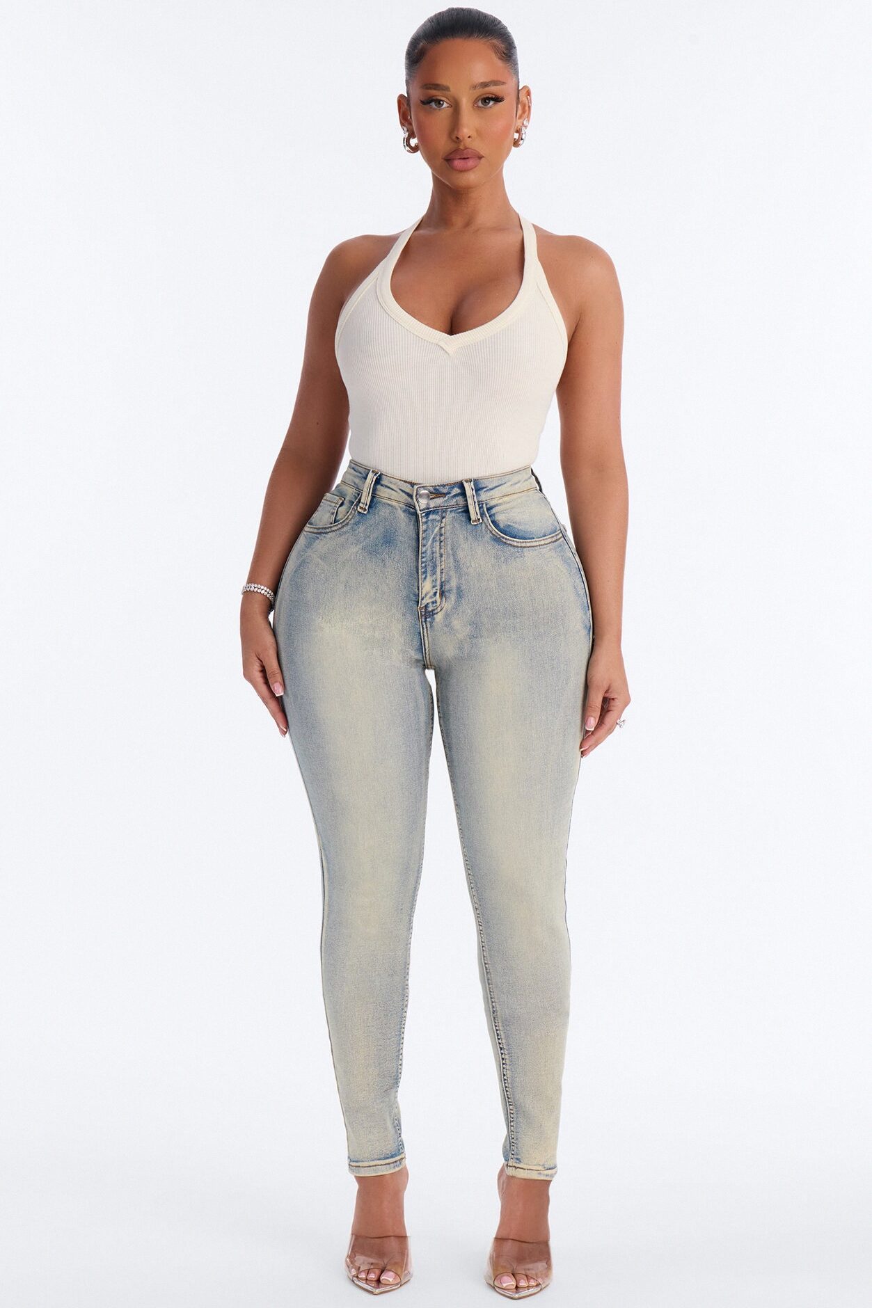 Kimberly Rib V-Neck Racerback Sleeveless Top - Cream