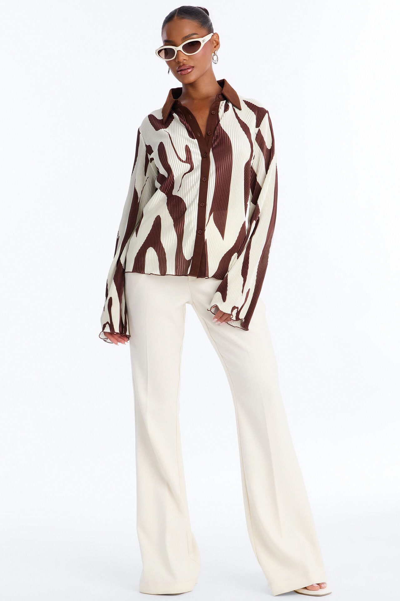 Zahara Button Up Top - Brown/combo