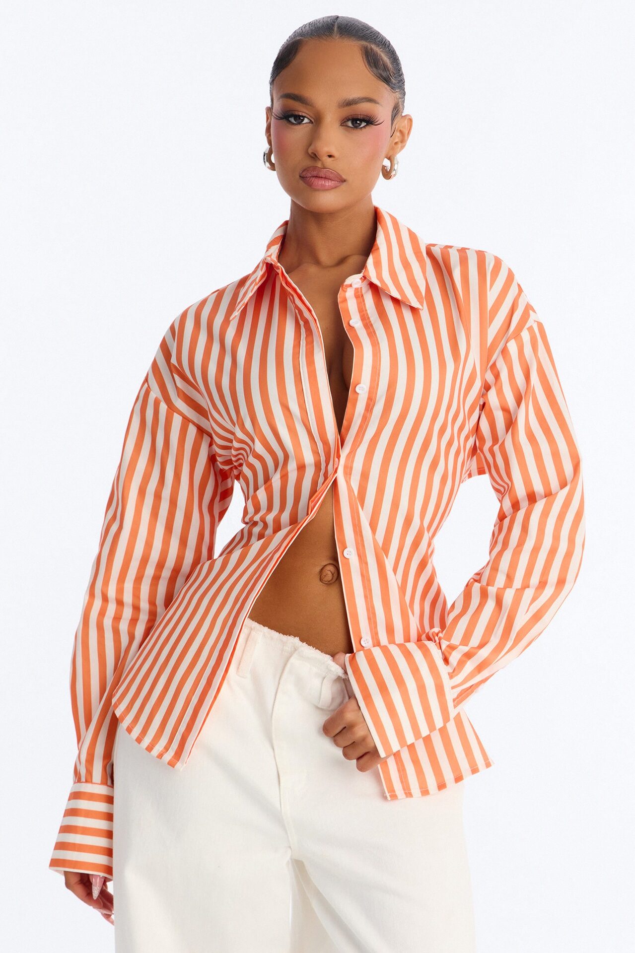 Elevated Fun Tie Back Striped Poplin Shirt - Orange/combo