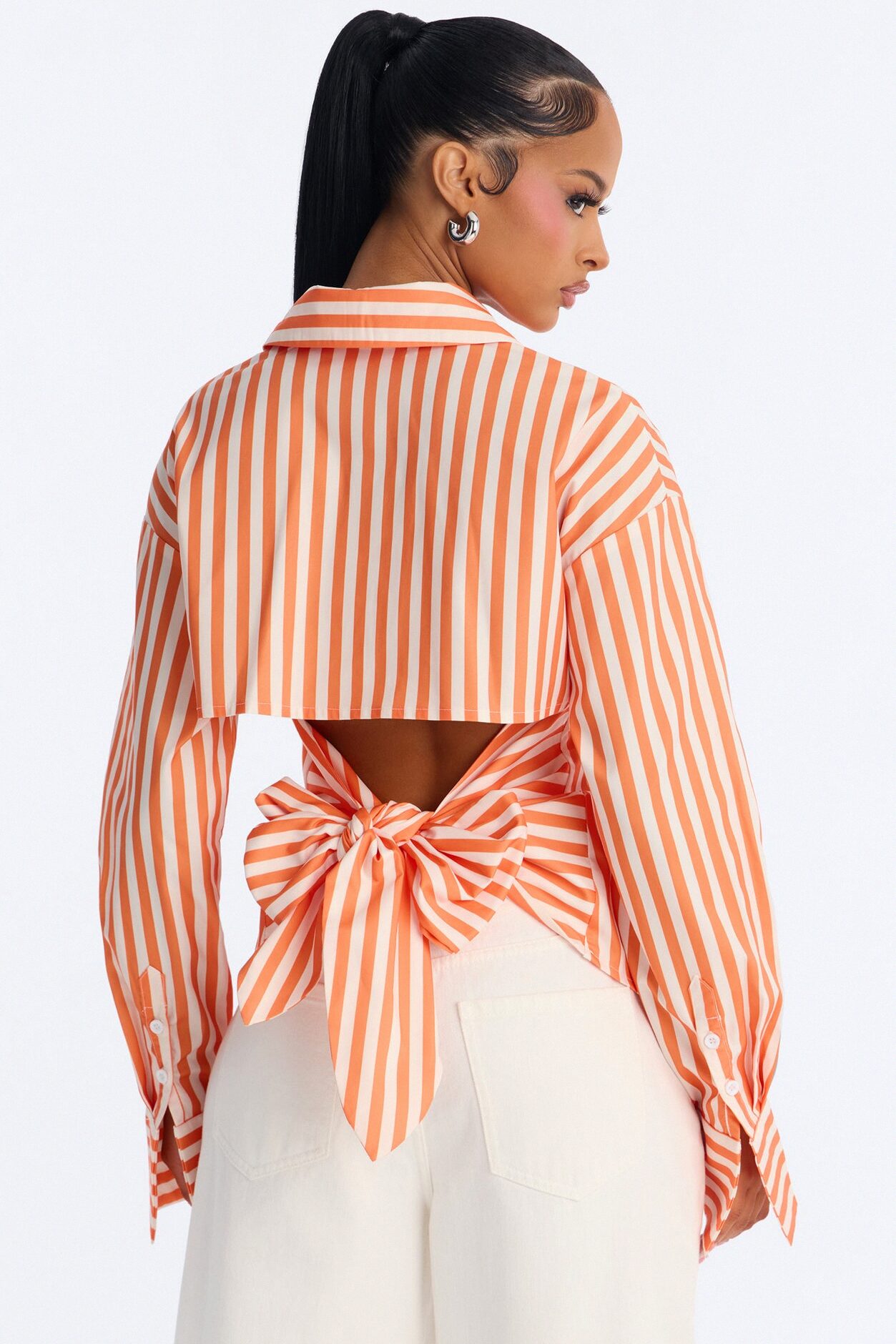Elevated Fun Tie Back Striped Poplin Shirt - Orange/combo