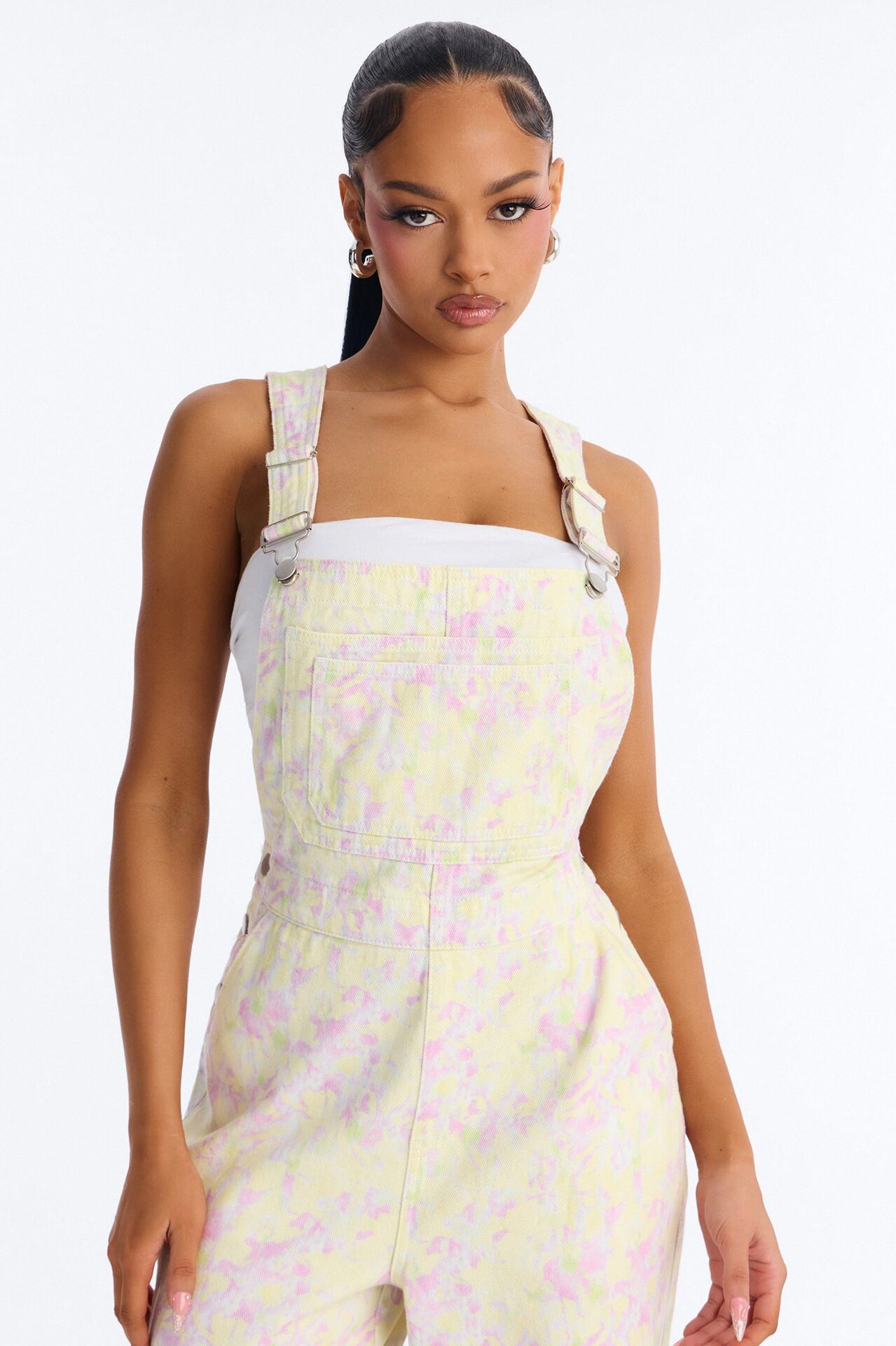 In The Garden Floral Print Denim Overalls - Yellow/combo