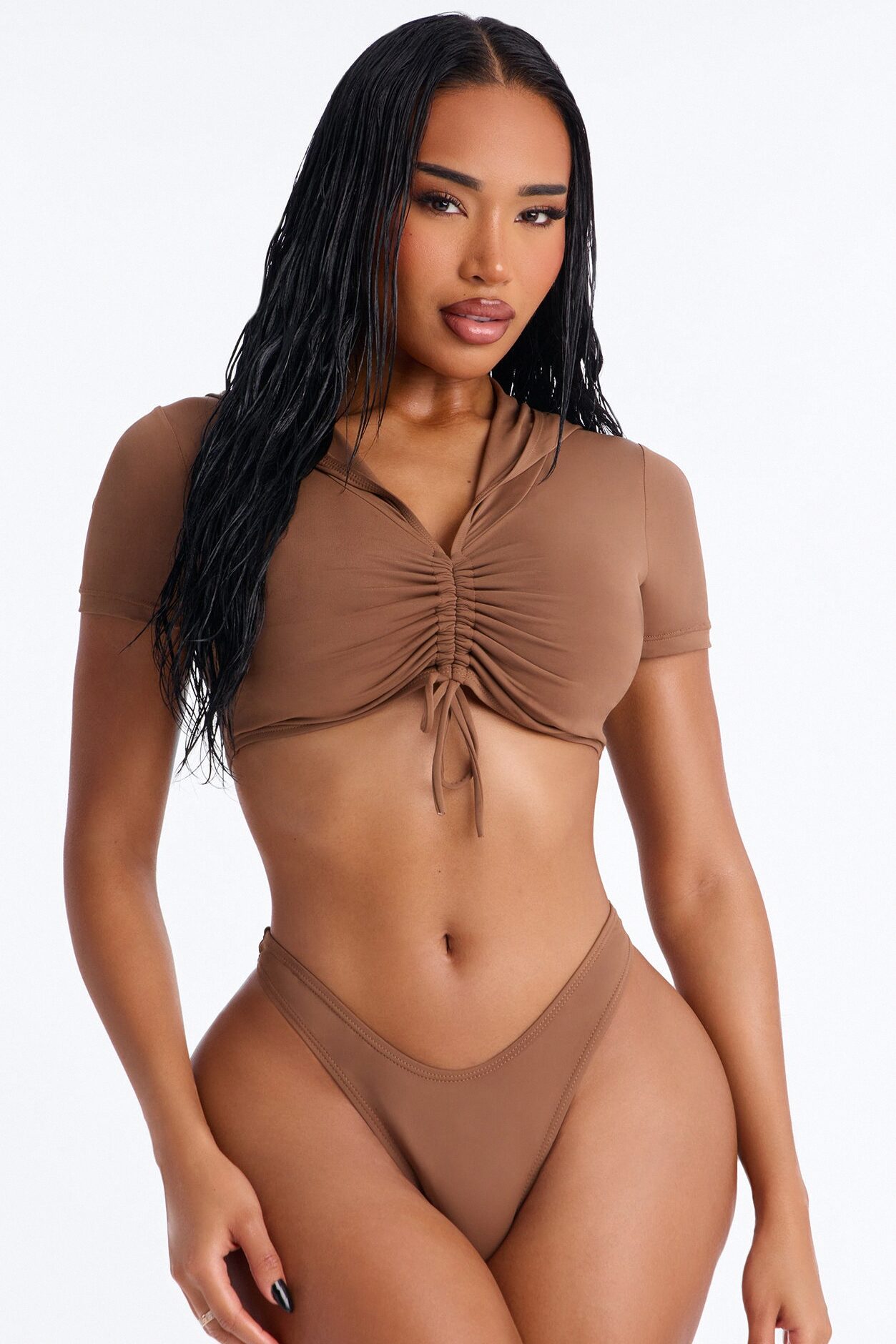 Laying Out 3 Piece Hooded Swim Top & Skirt Set - Brown