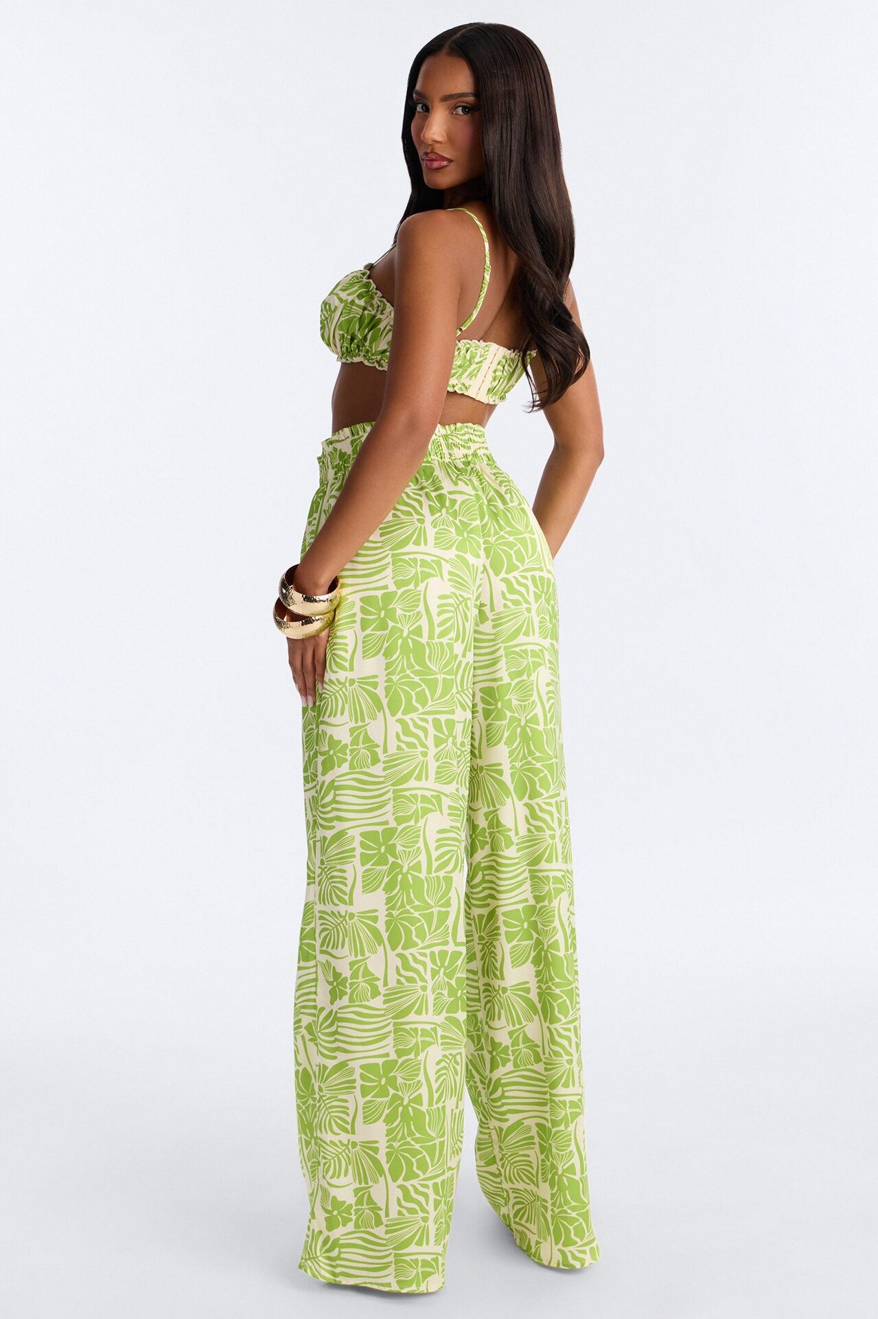 Hot Tropic Satin Bra Top And Pant Set - Green/combo