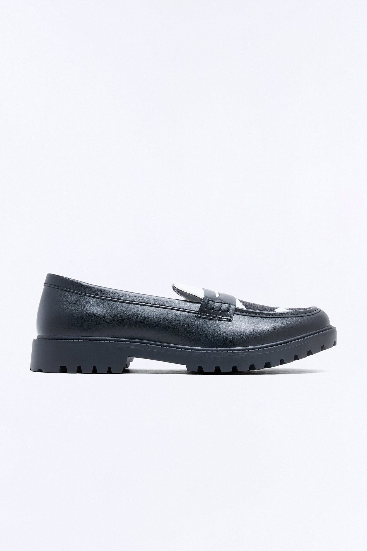 Faux Leather Cow Print Penny Strap Chunky Loafer - Black/White