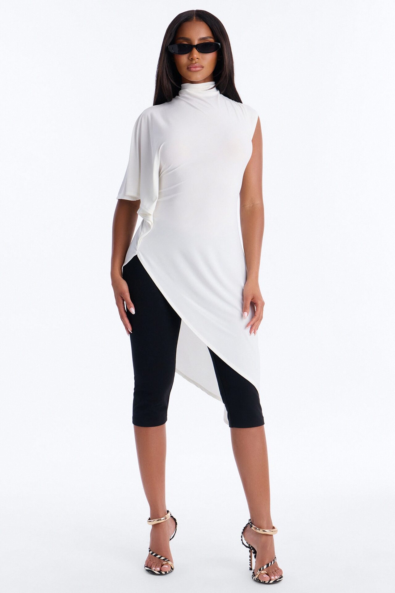 She's Divine Long Asymmetrical Short Sleeve Top - Cream