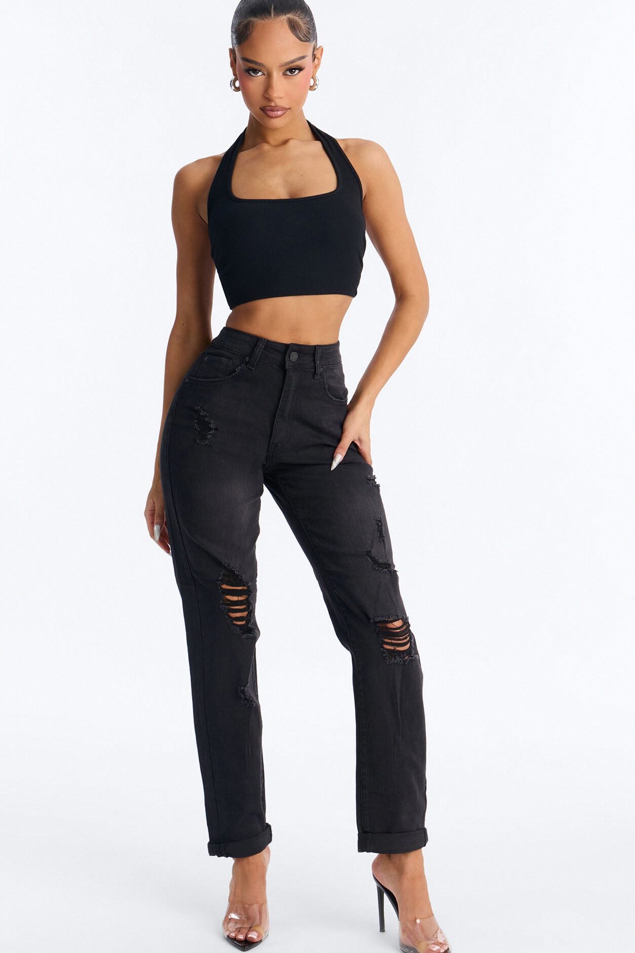Get To It Ripped Slim Straight Leg Jeans - Black