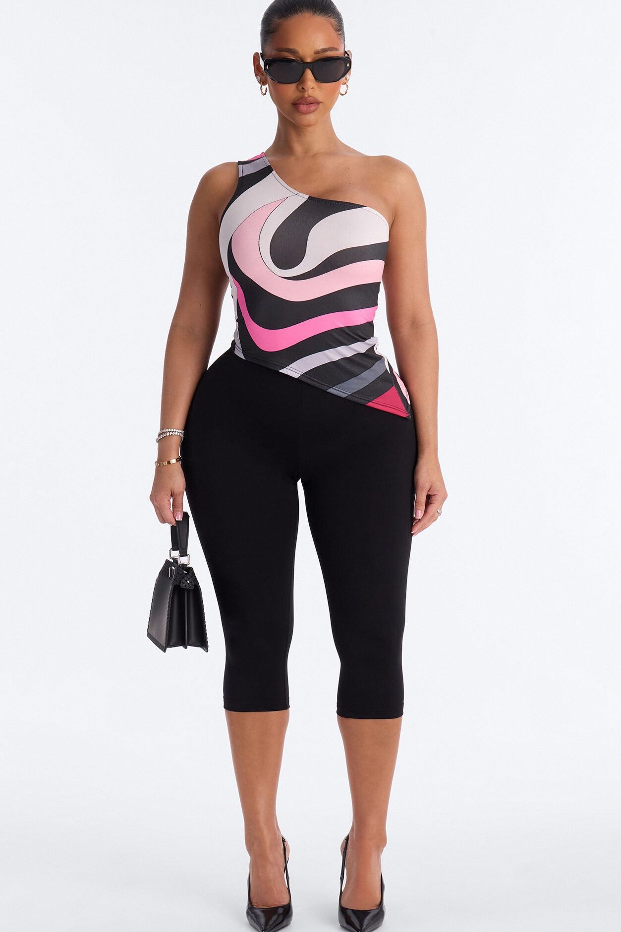 Portofino Abstract Asymmetrical One Shoulder Top - Pink/combo