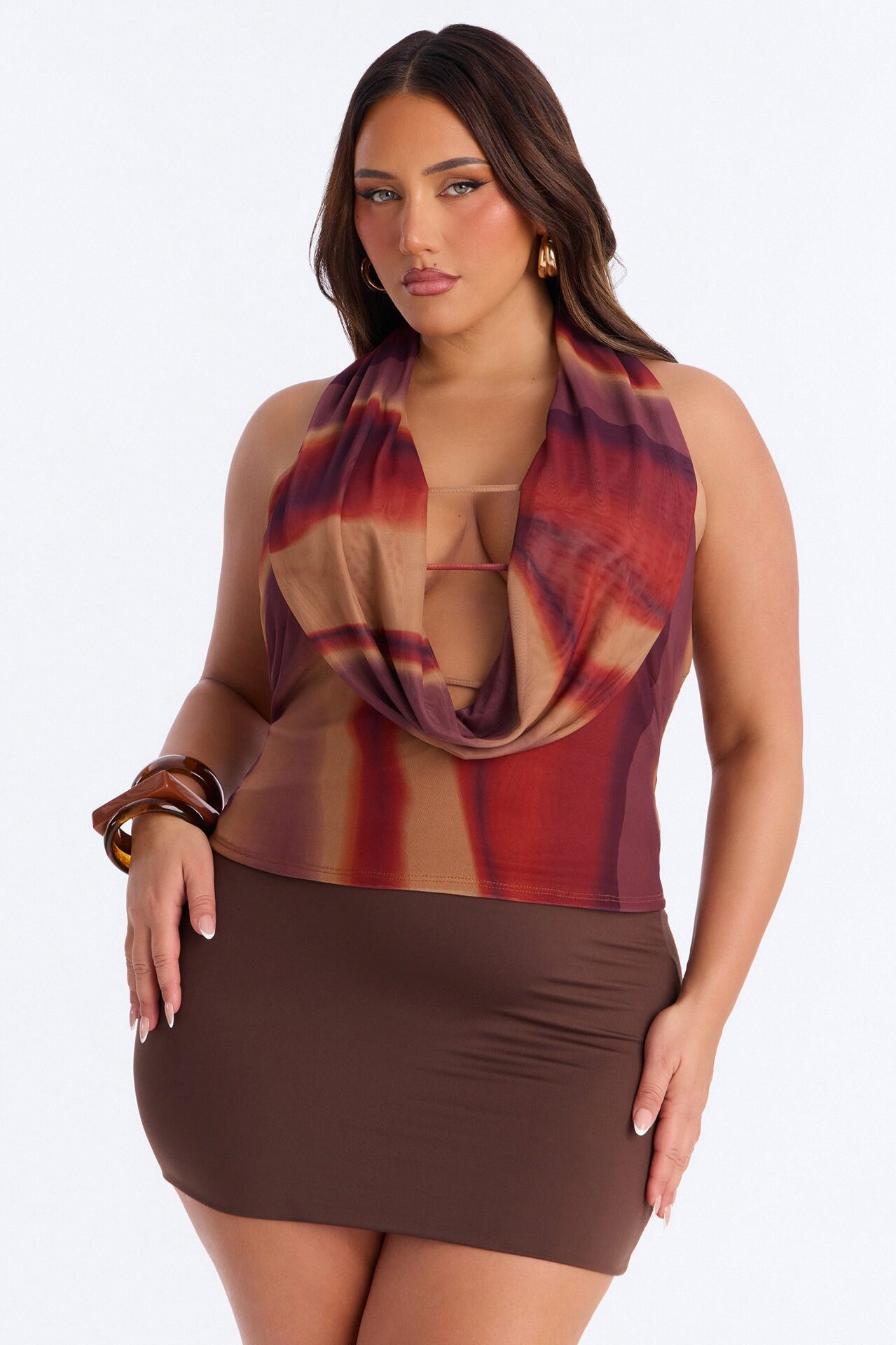 Tropical Sangria Deep Cowl Neck Mesh Halter Top - Multi Color