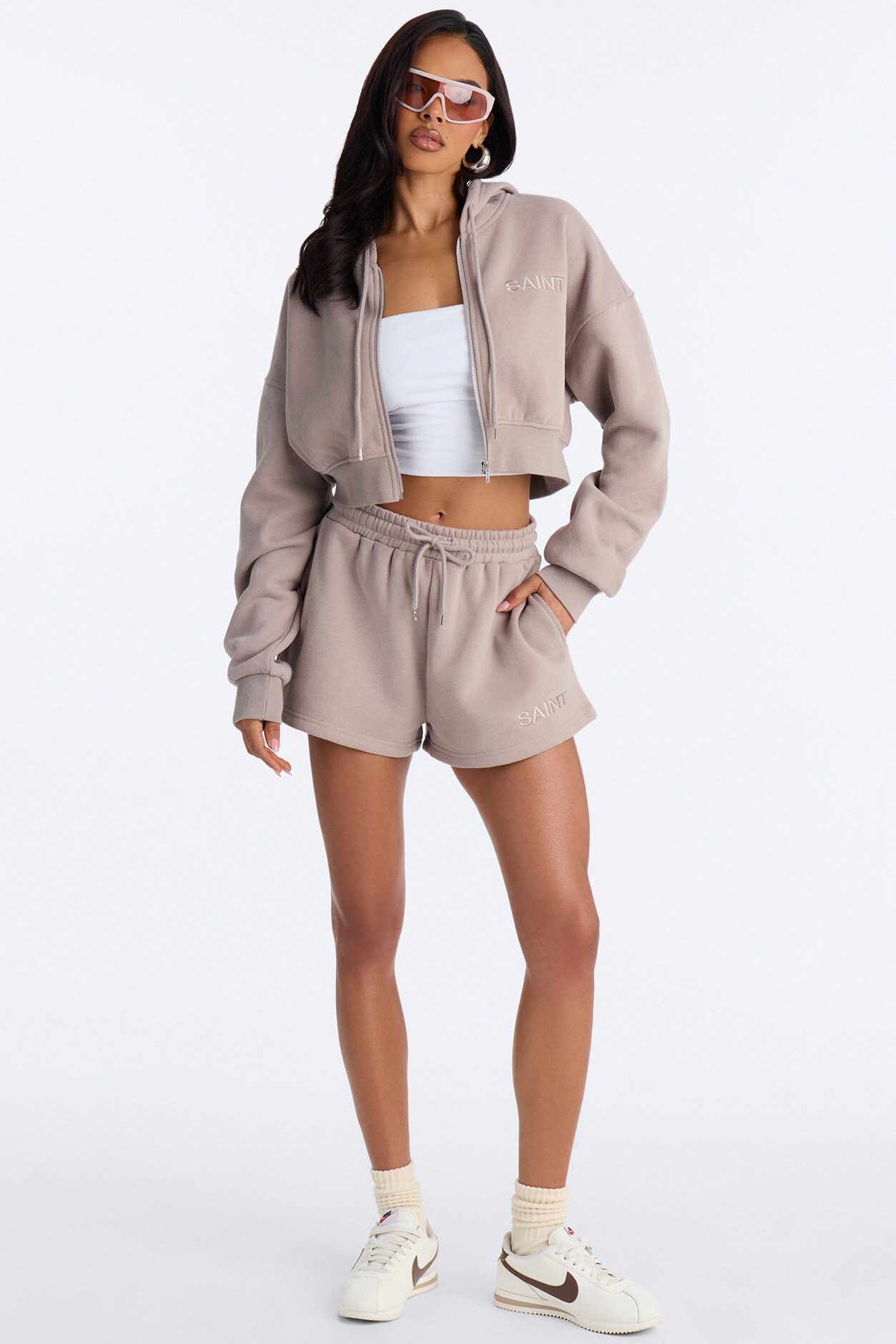 She's A Saint Cropped Fleece Pant Set - Stone