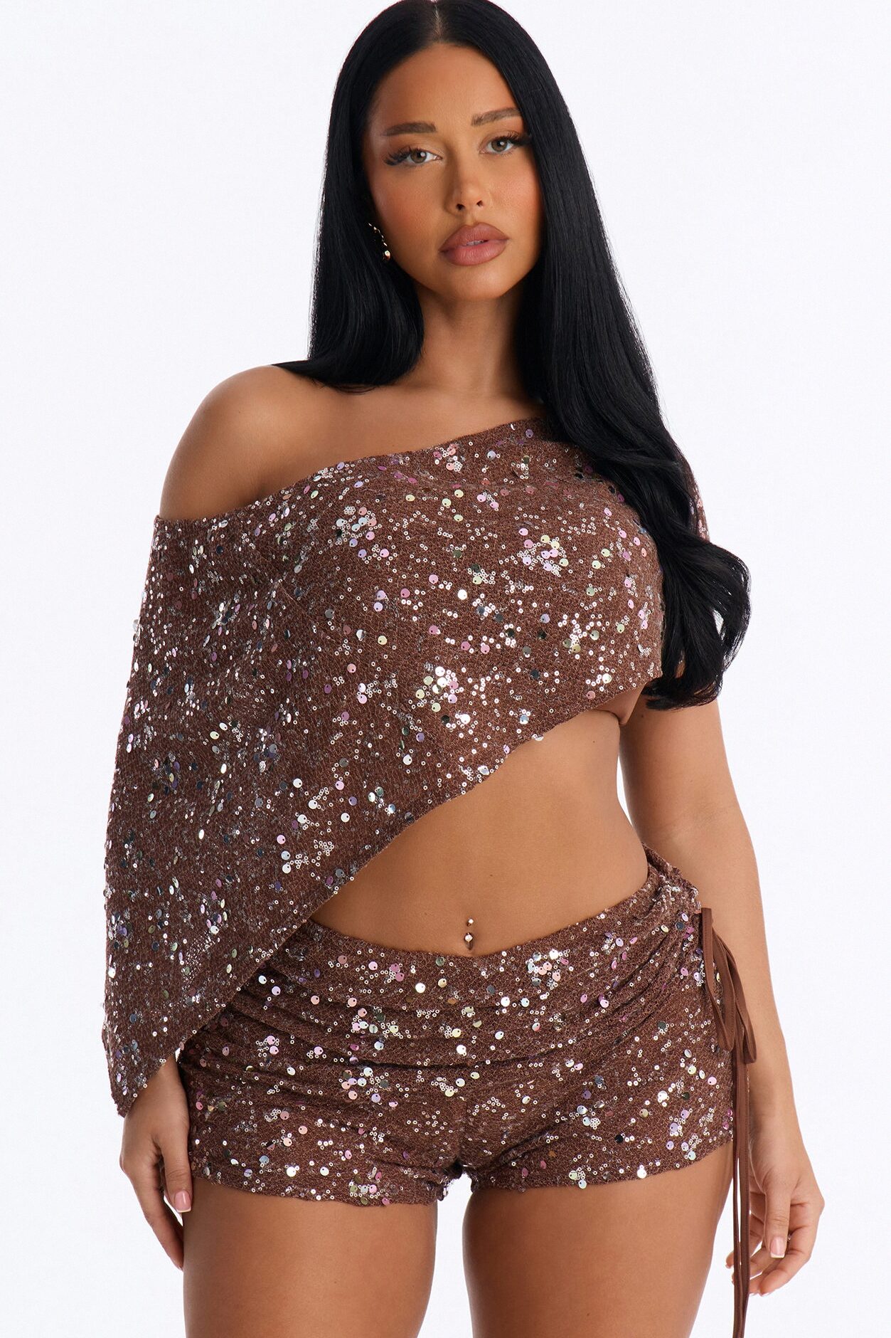Kaylee Sequin Crochet 3 Piece Short Set - Chocolate