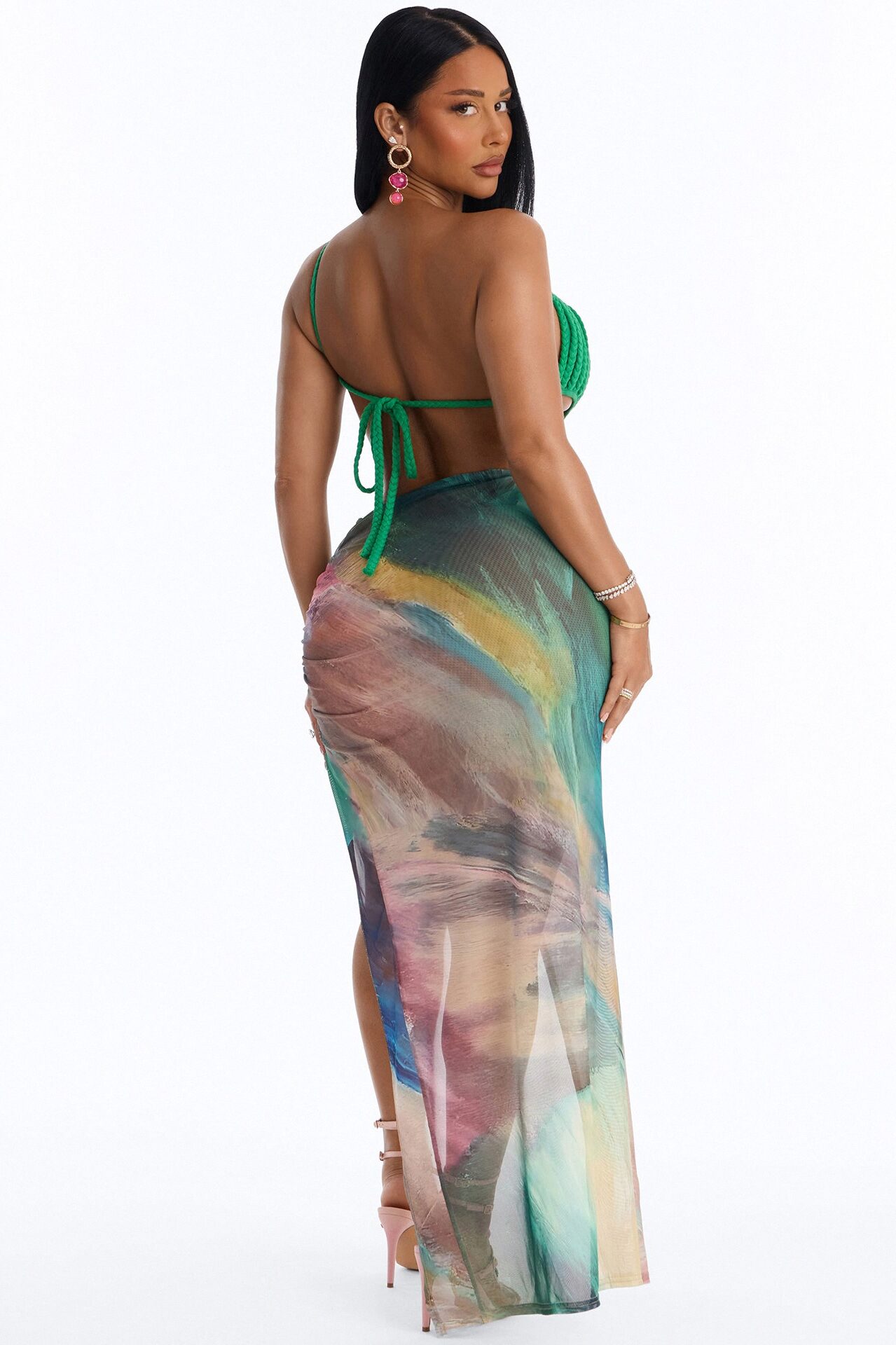 In Your Dreams Asymmetrical Mesh Maxi Dress - Green/combo