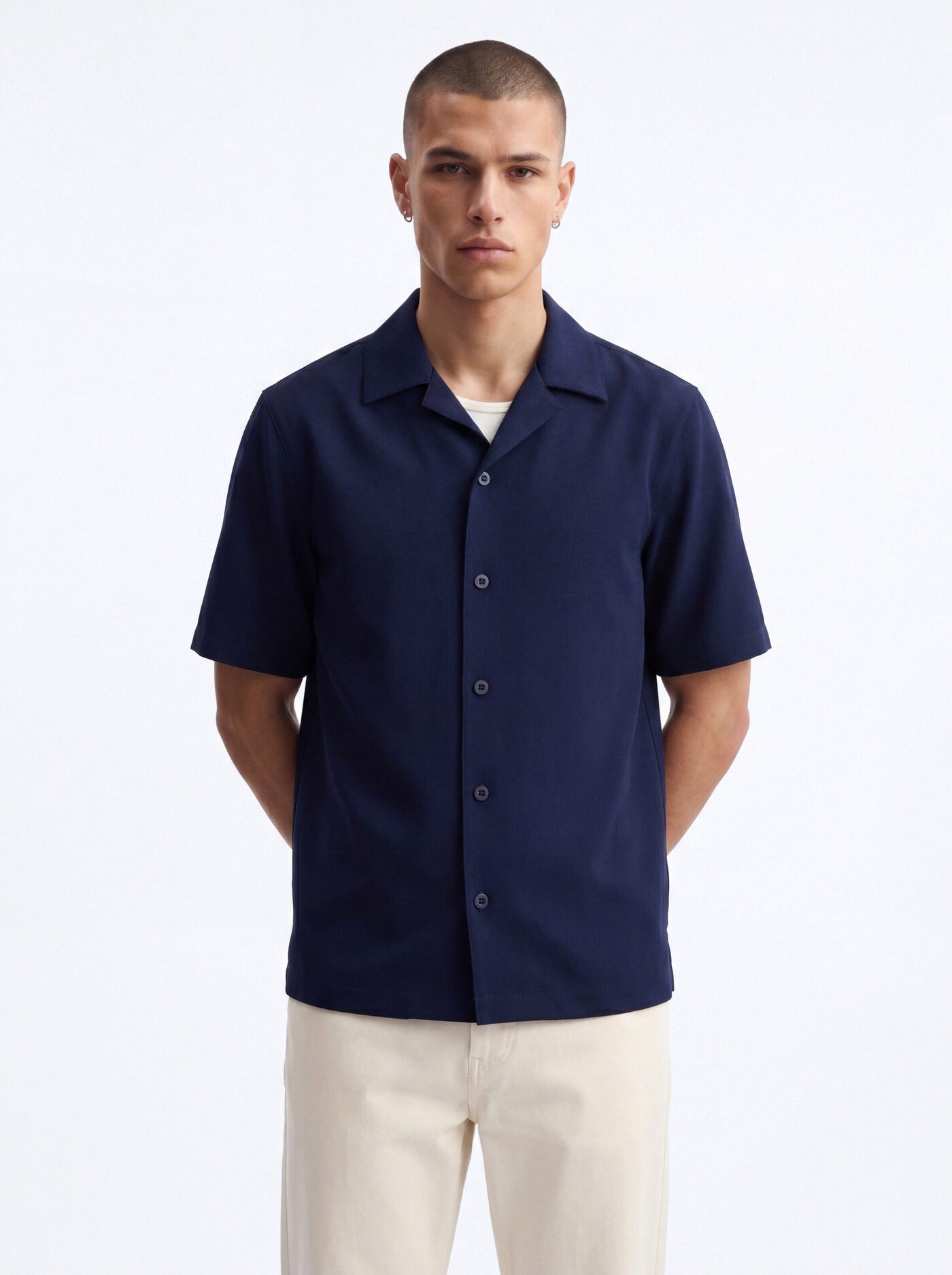 Modern Essential Sleeve Cuban Collar Button Down - Navy