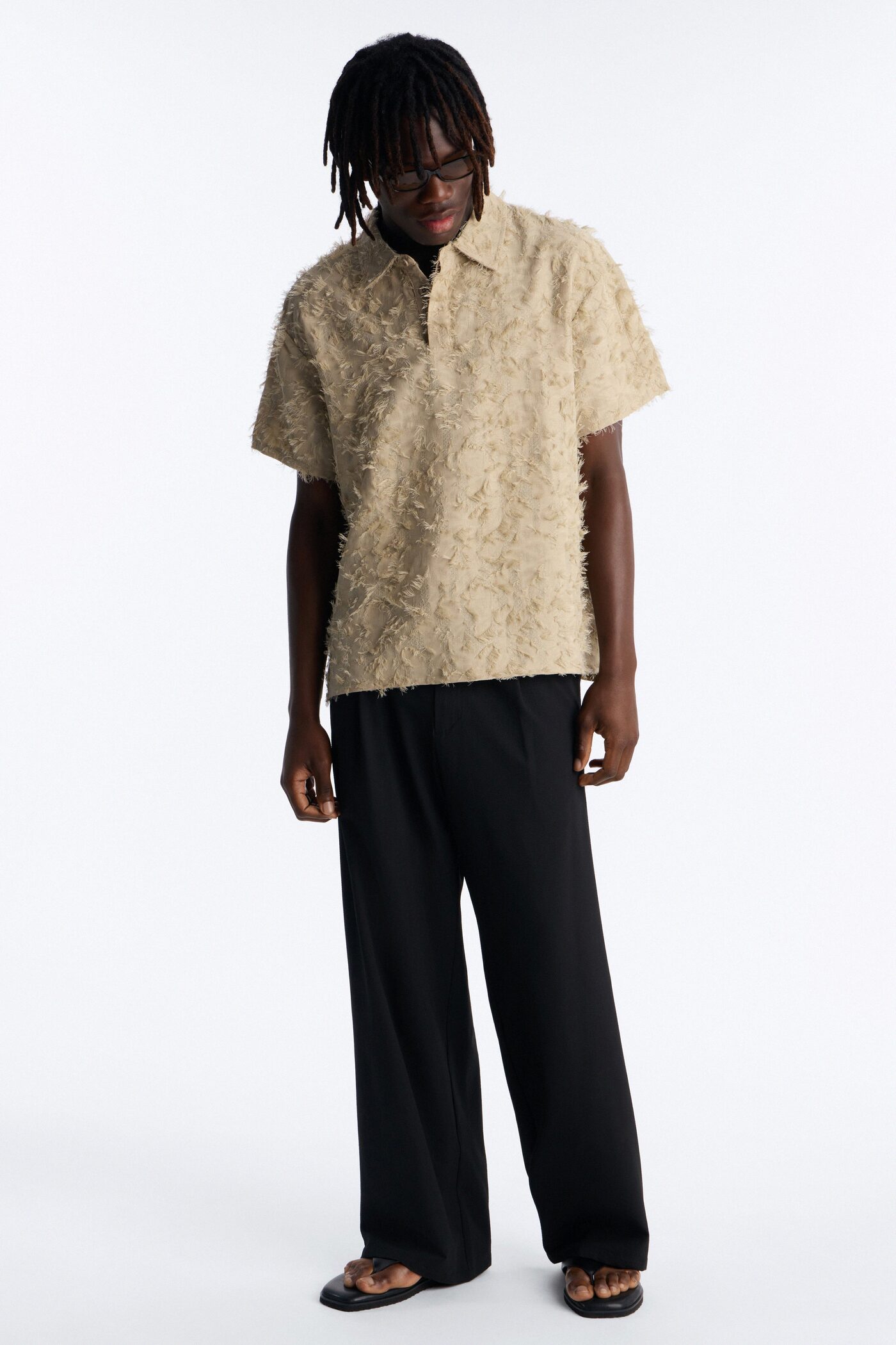 Wide Leg Textured Seersucker Trouser - Black