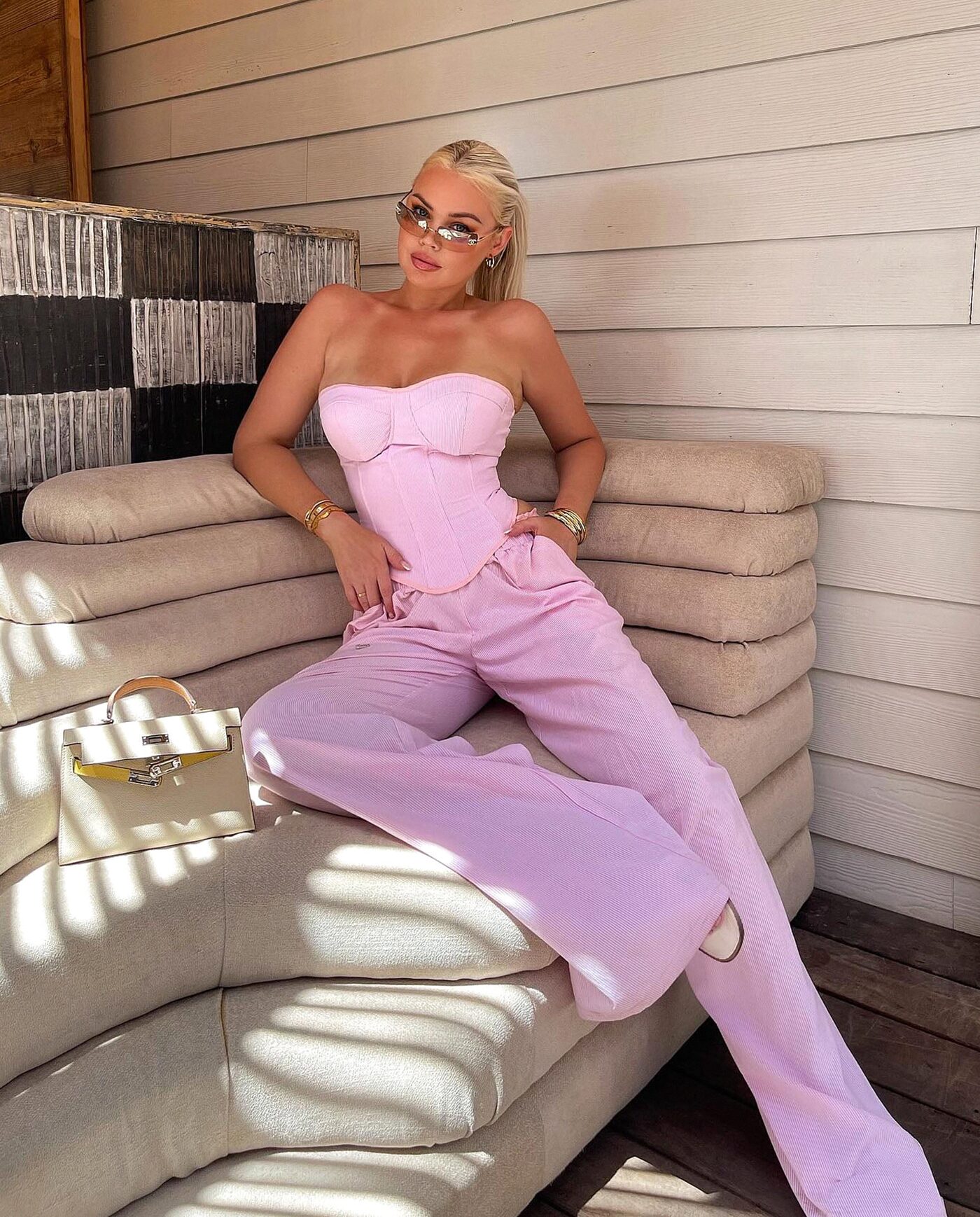 Laurie Linen Pinstripe Corset And Pant Set - Pink/combo