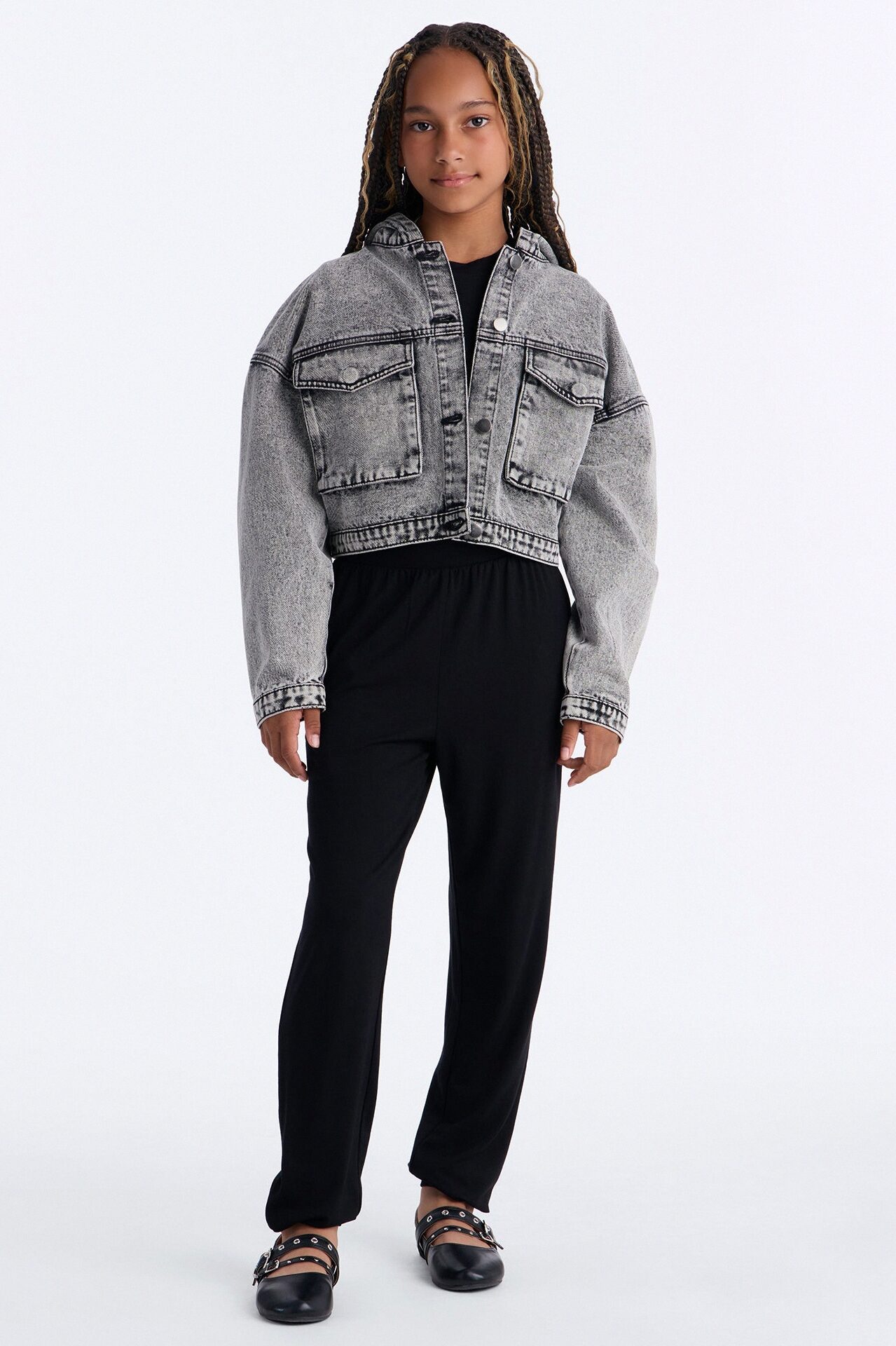 Mini No Explanation Hooded Denim Jacket - Acid Wash Grey