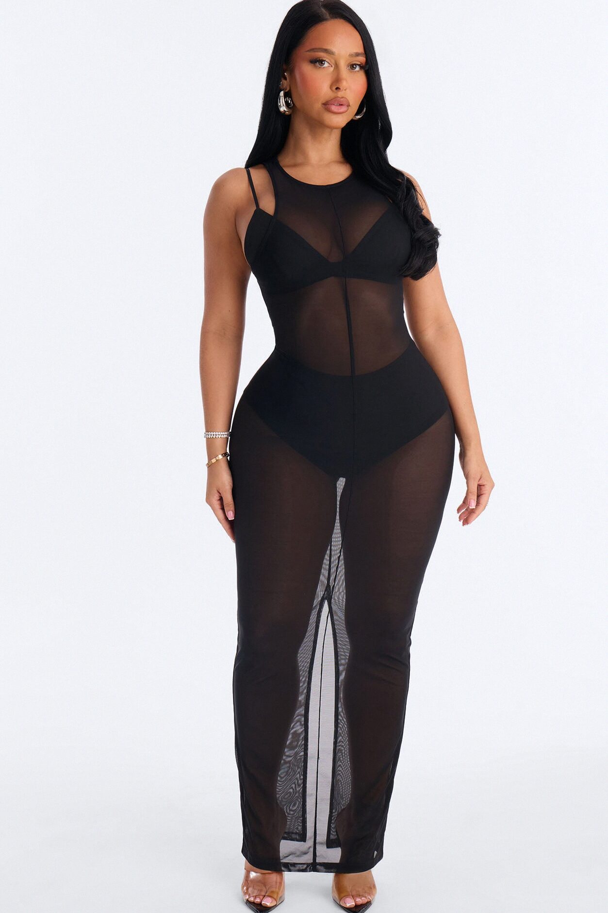 Power Mesh Sleeveless 3 Piece Maxi Dress Set - Black