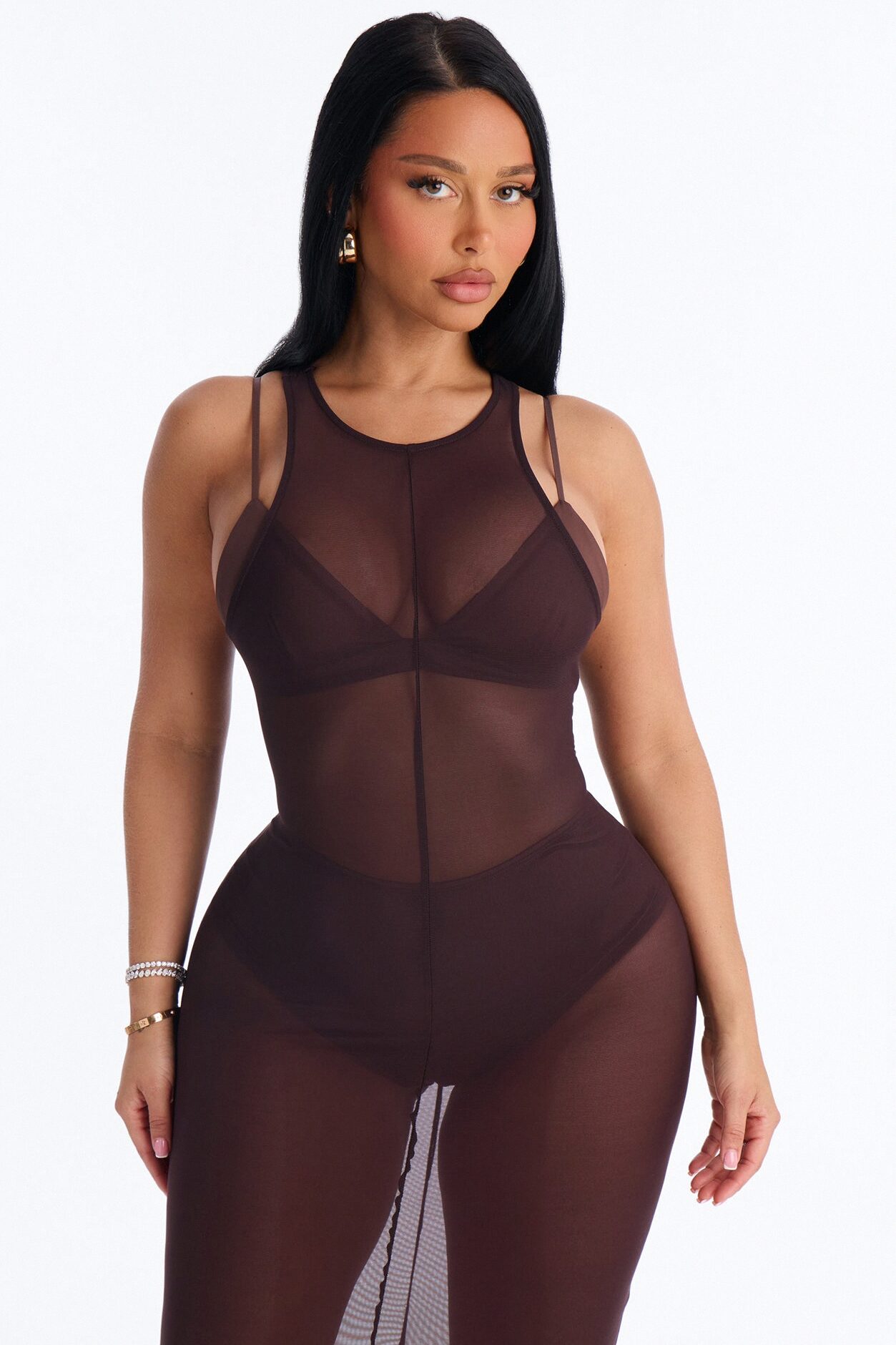 Power Mesh Sleeveless 3 Piece Maxi Dress Set - Chocolate