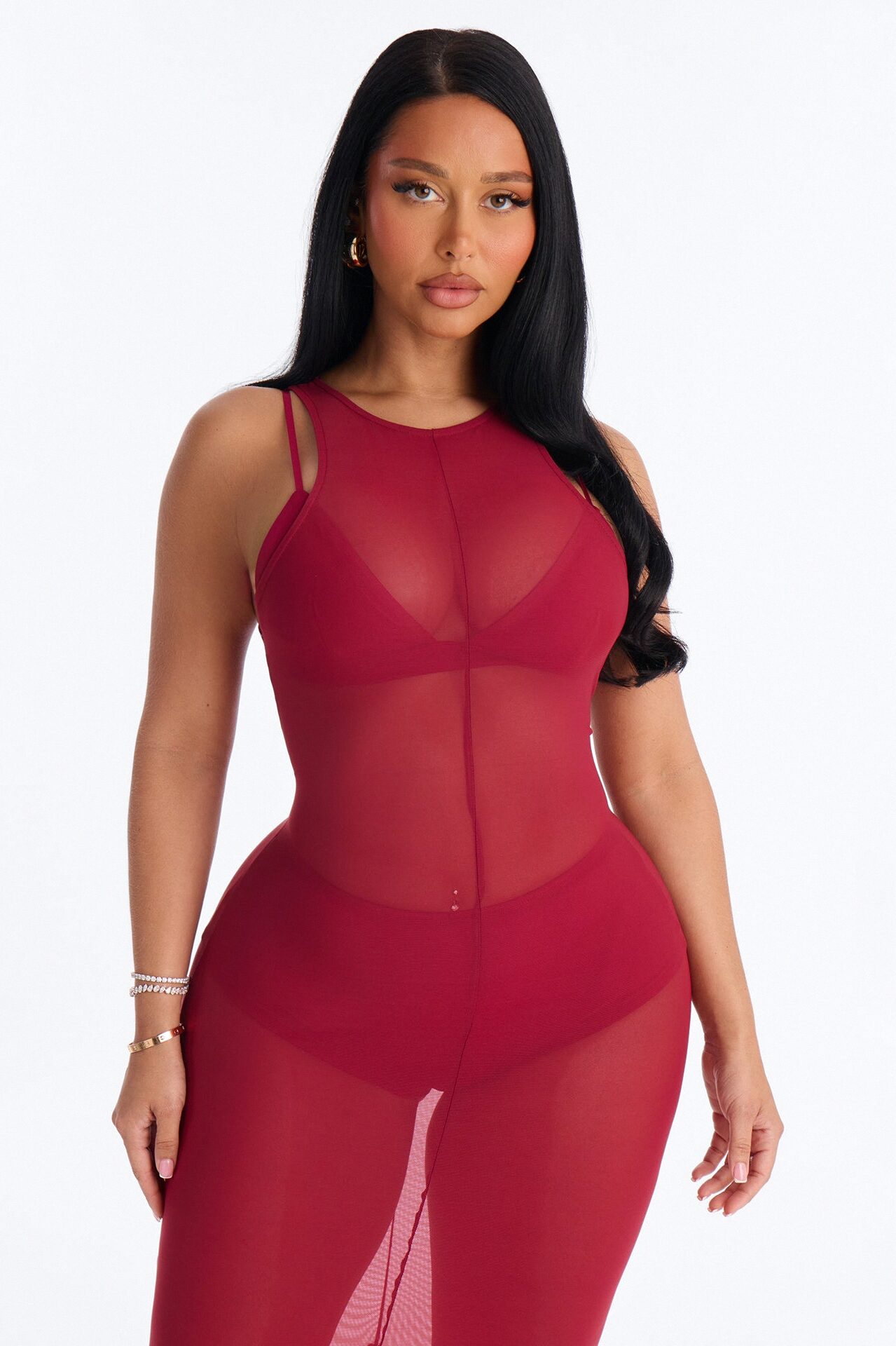 Power Mesh Sleeveless 3 Piece Maxi Dress Set - DarkRed