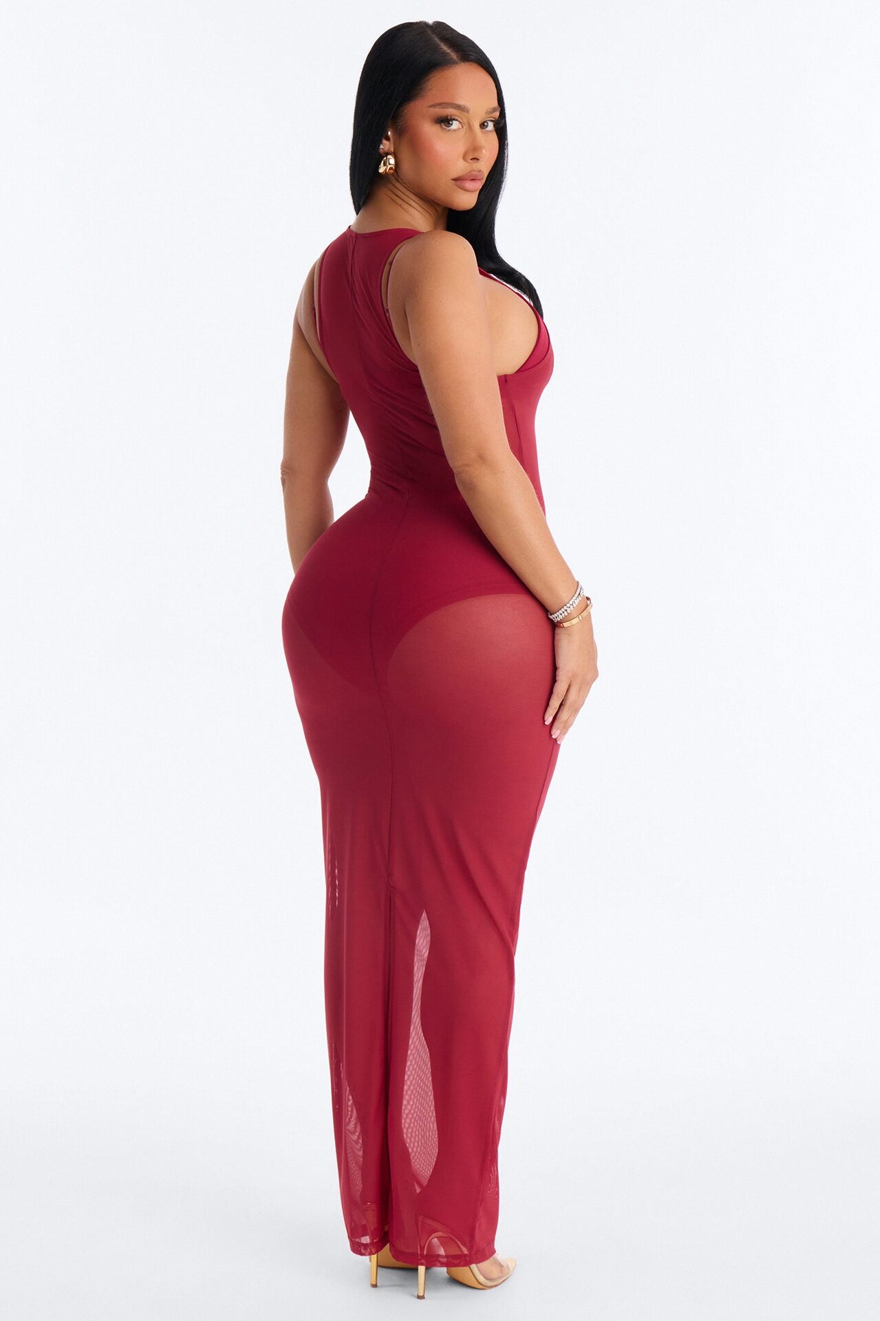 Power Mesh Sleeveless 3 Piece Maxi Dress Set - DarkRed