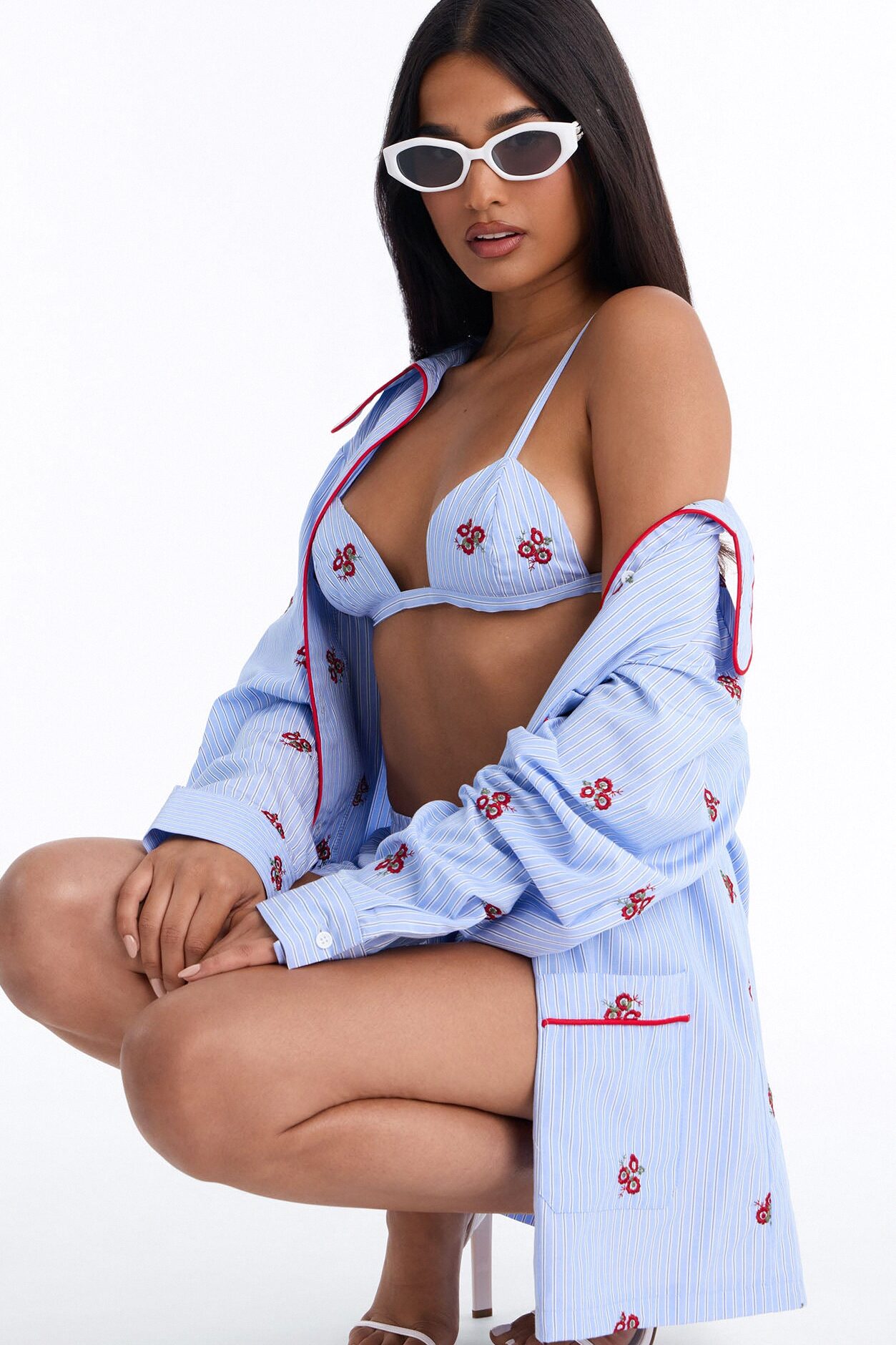 Alana Embroidered Pinstripe 3 Piece Short Set - Blue/combo