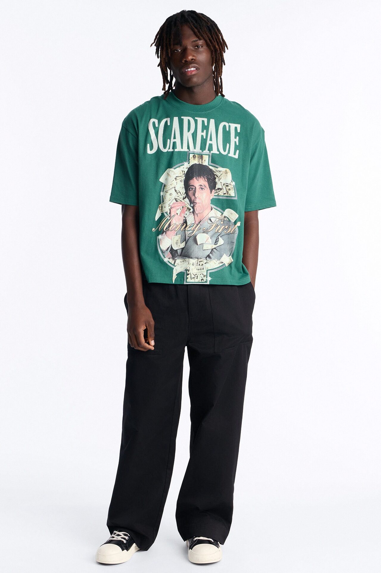 Heavy Weight Scarface Money First Rhinestones Oversized Short Sleeve Tee - Hunter Green