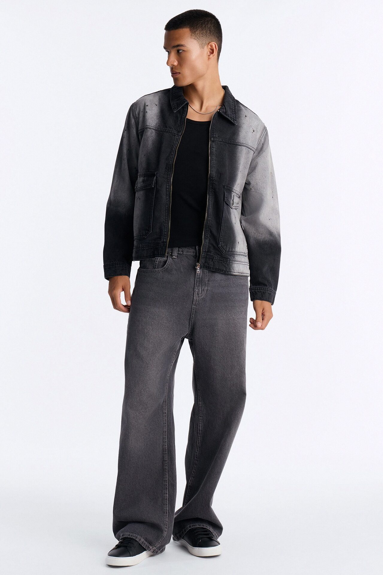 Spot Stained Cropped Denim Work Jacket - Black Wash