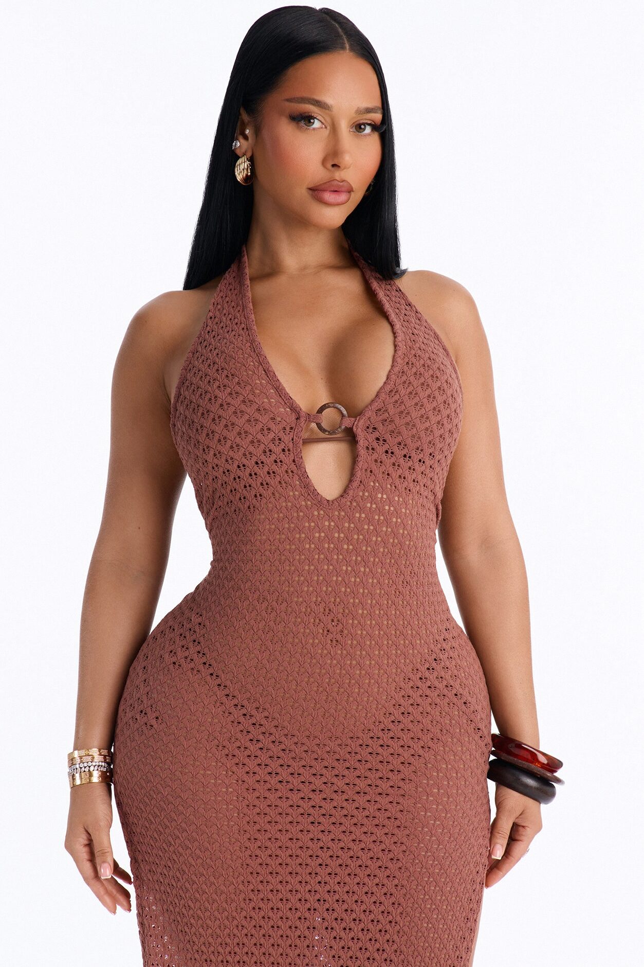 Isla Sun Heat Crochet O-Ring Midi Swim Cover Up Dress - Chocolate