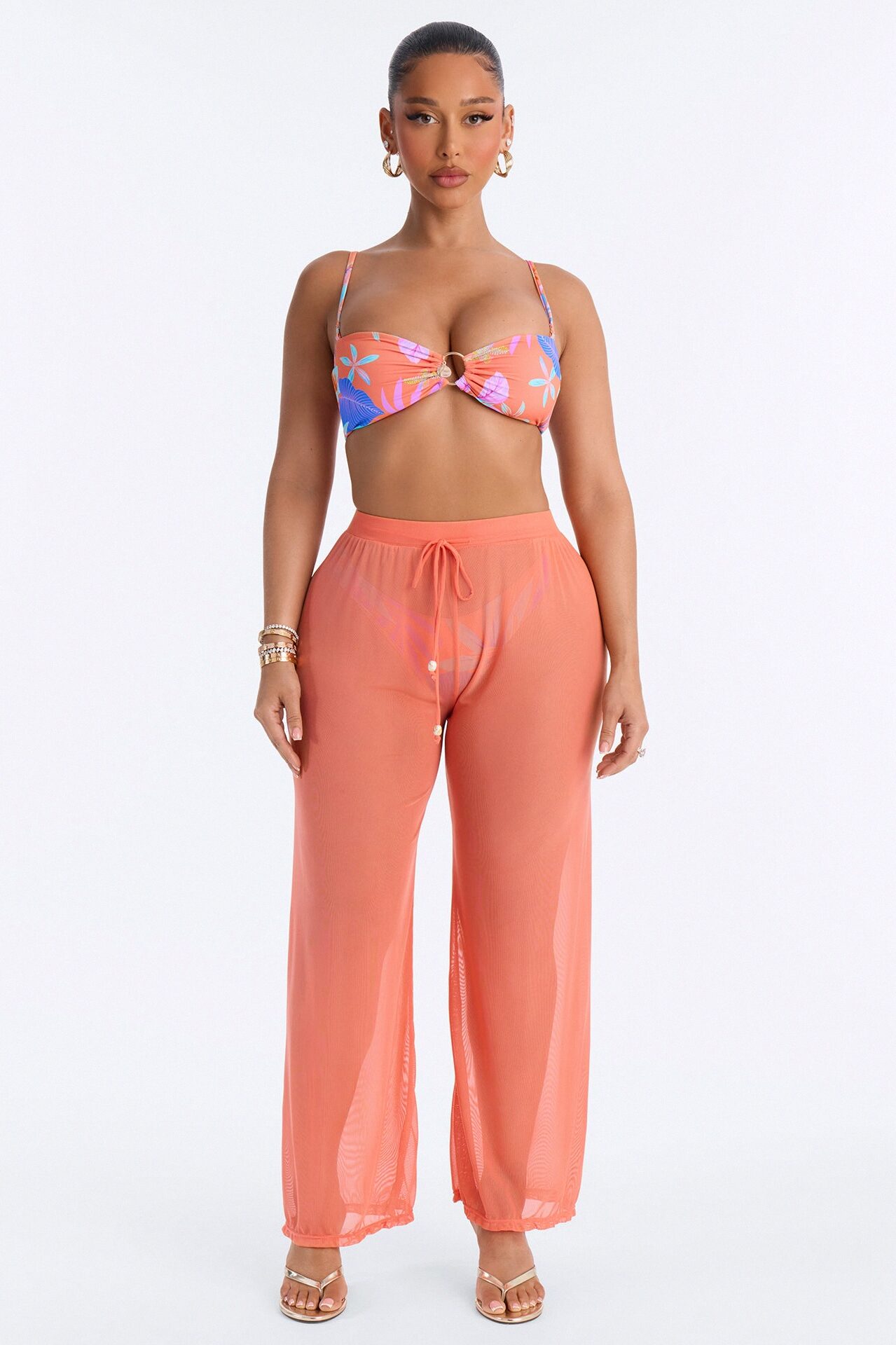 Built For The Heat 3 Piece Tropical Bandeau Bikini & Cover Up Pant Sunsuit - Coral/combo