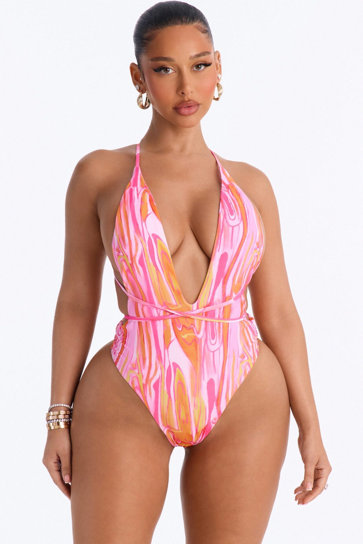 Atiana 1 Piece Swirl Halter Plunge Swimsuit & Mini Cover Up Skirt Set - Pink/combo