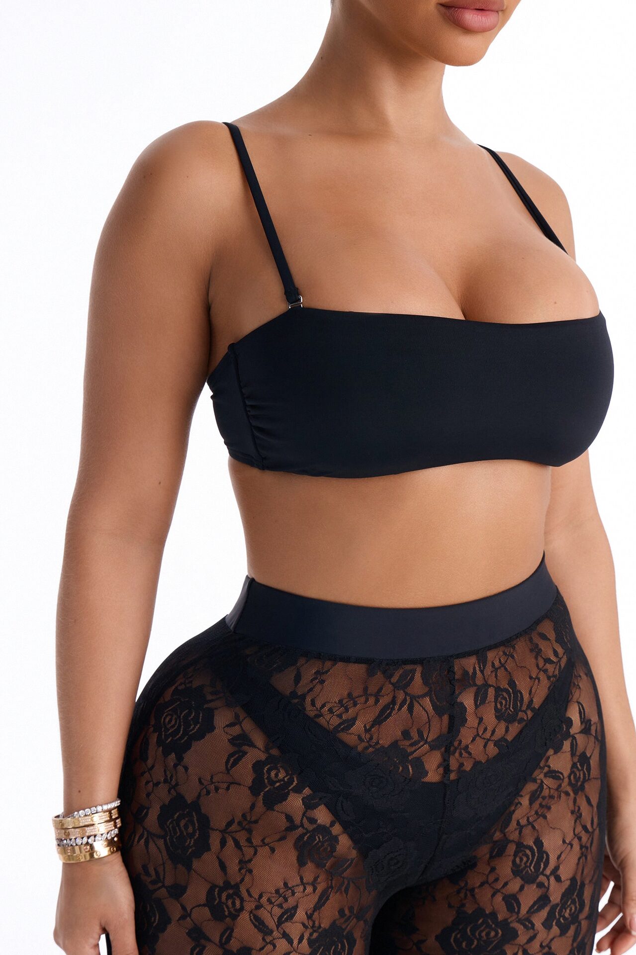 Heat Check 3 Piece Bandeau Bikini & Lace Cover Up Pant Sunsuit - Black