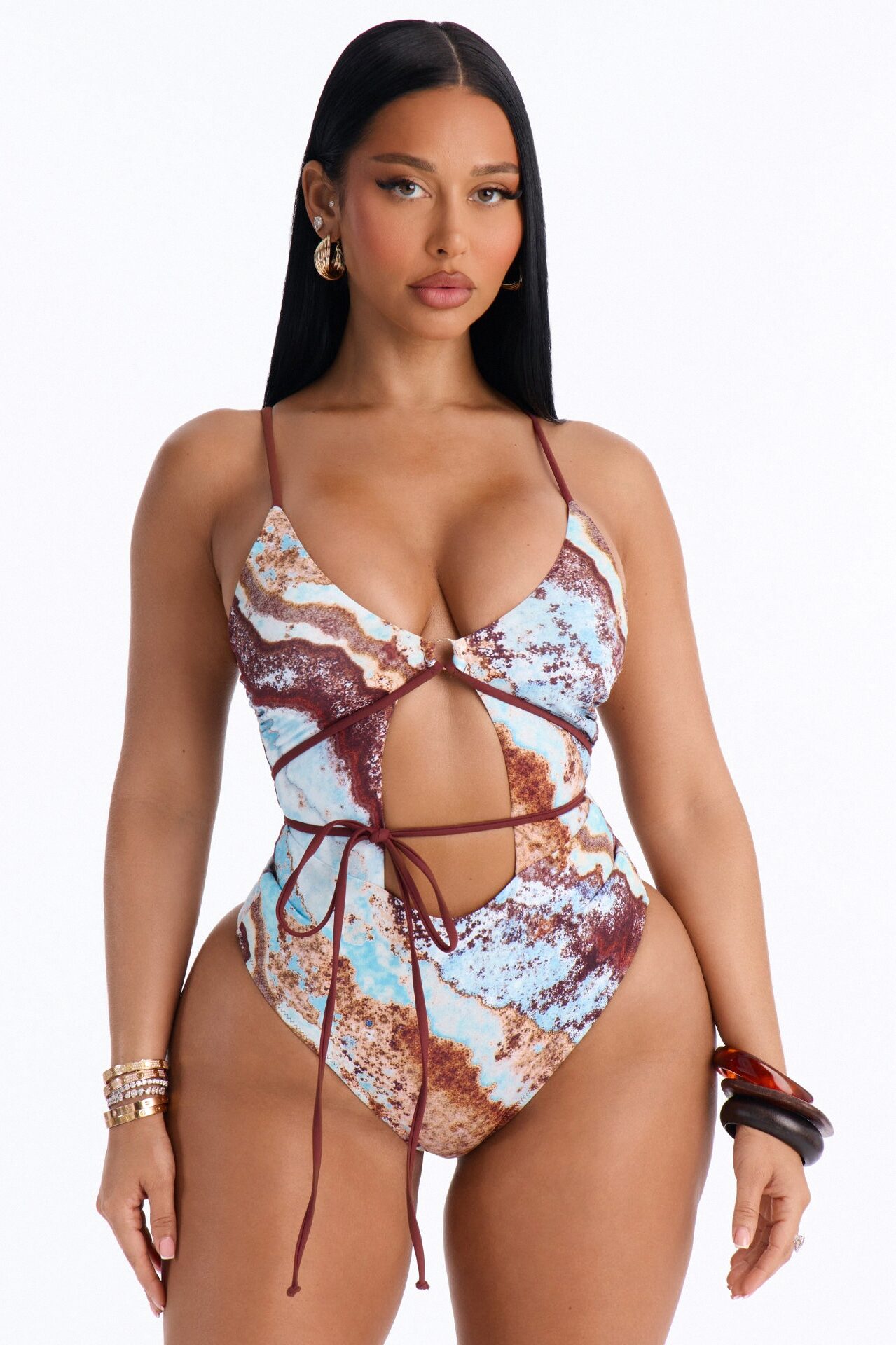 Sunkissed Strappy 1 Piece Cut Out Swimsuit - Multi Color