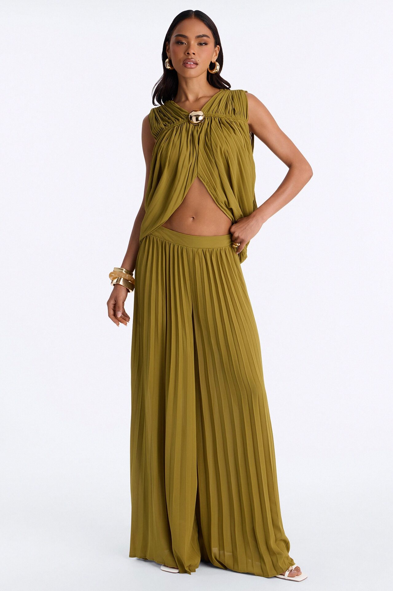 Camellia Pleated Pant Set - Olive