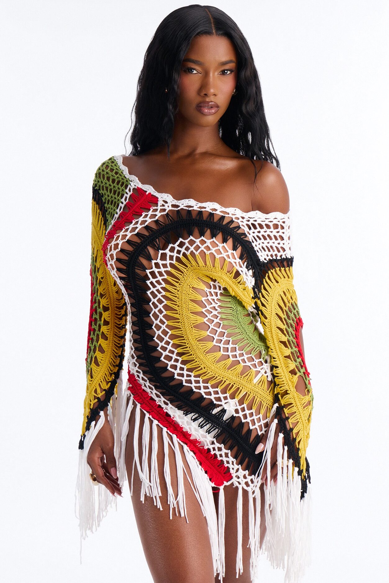 Kat Crochet Fringe Cover Up Long Sleeve Dress - Multi Color