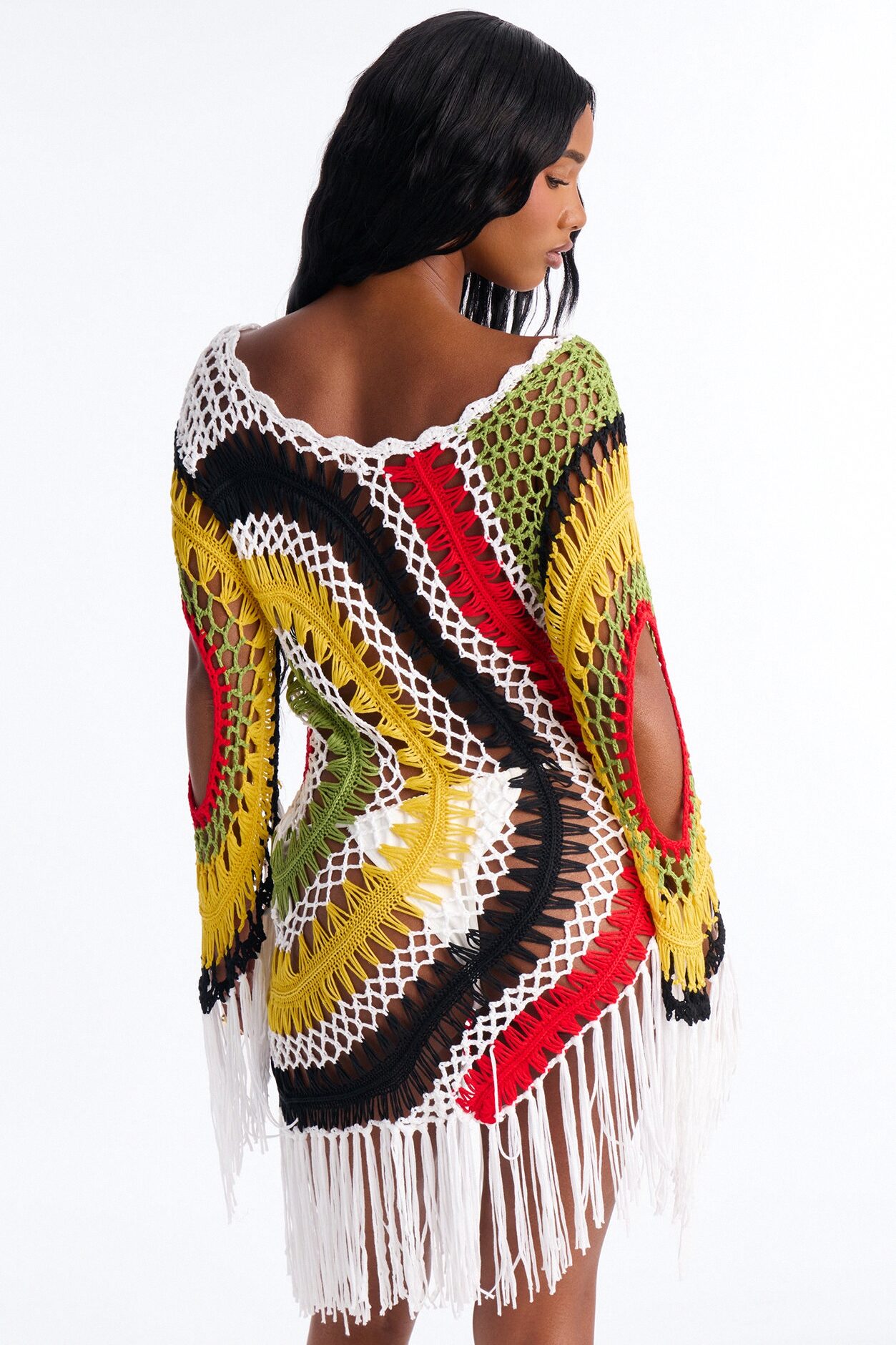 Kat Crochet Fringe Cover Up Long Sleeve Dress - Multi Color
