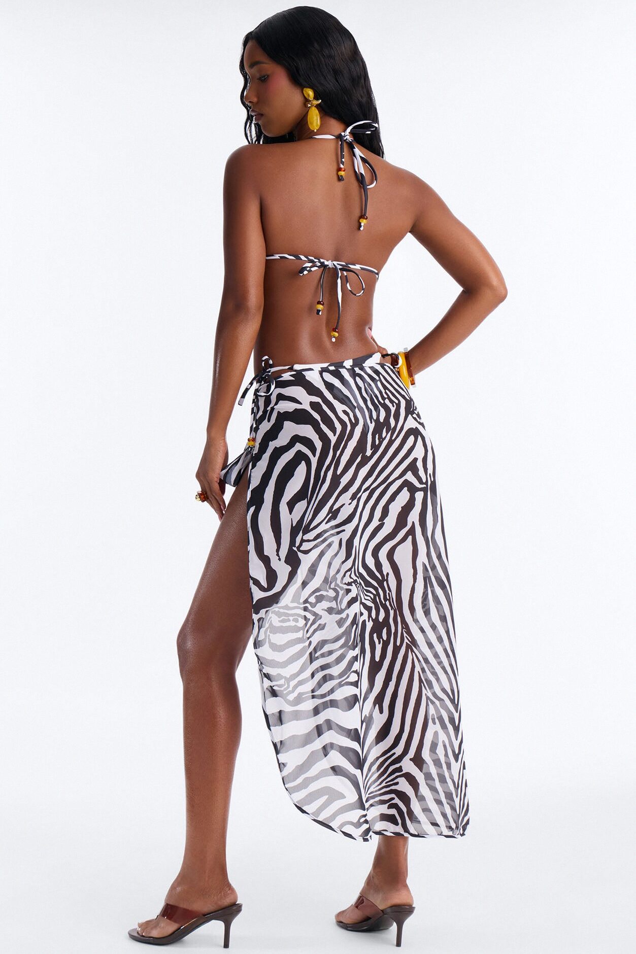 Tulum Dream 3 Piece Zebra Print Triangle Bikini & Cover Up Maxi Sarong Sunsuit - Black/White