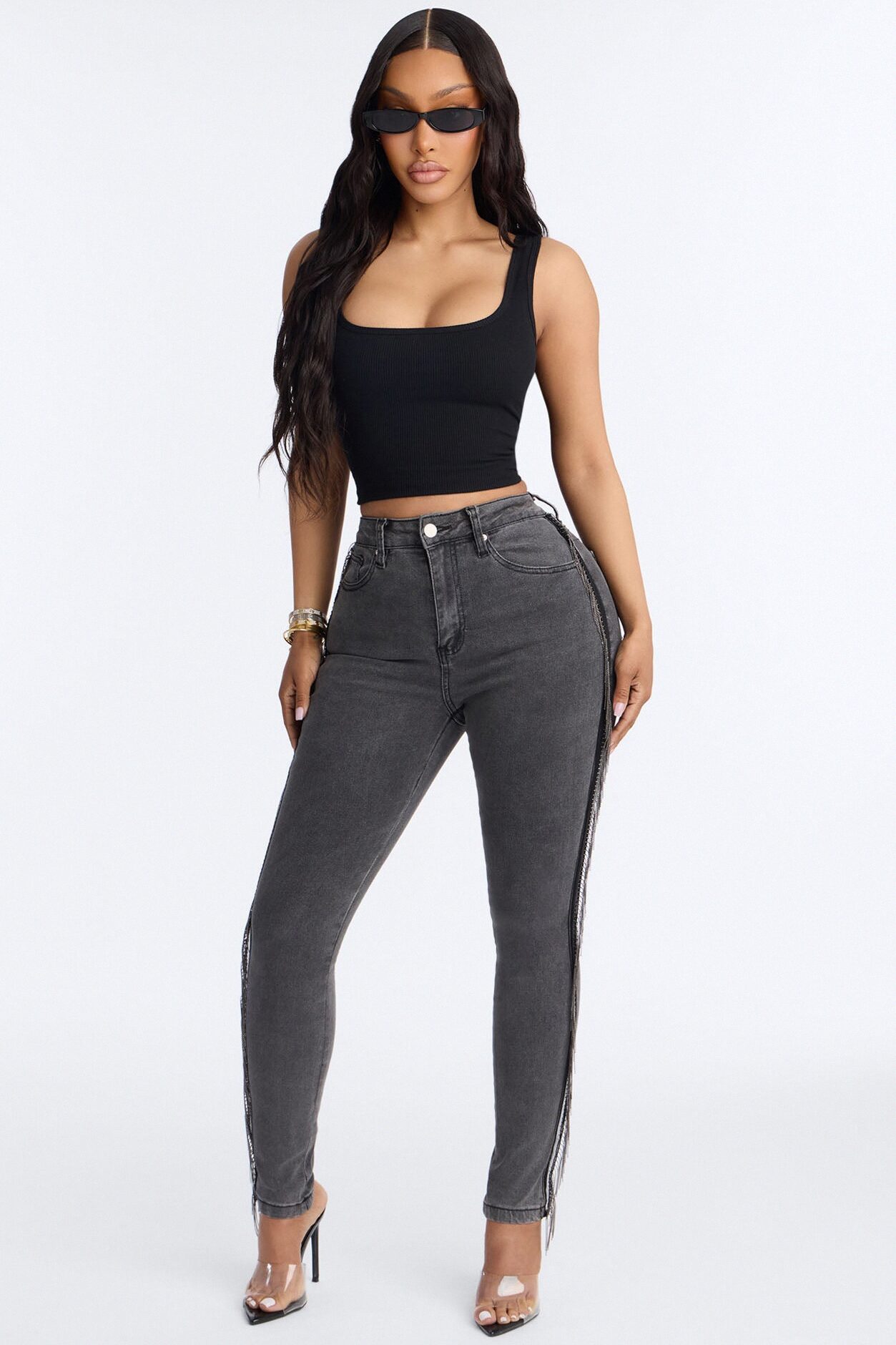 Social Club Fringe Stretch High Rise Skinny Jeans - Black Wash