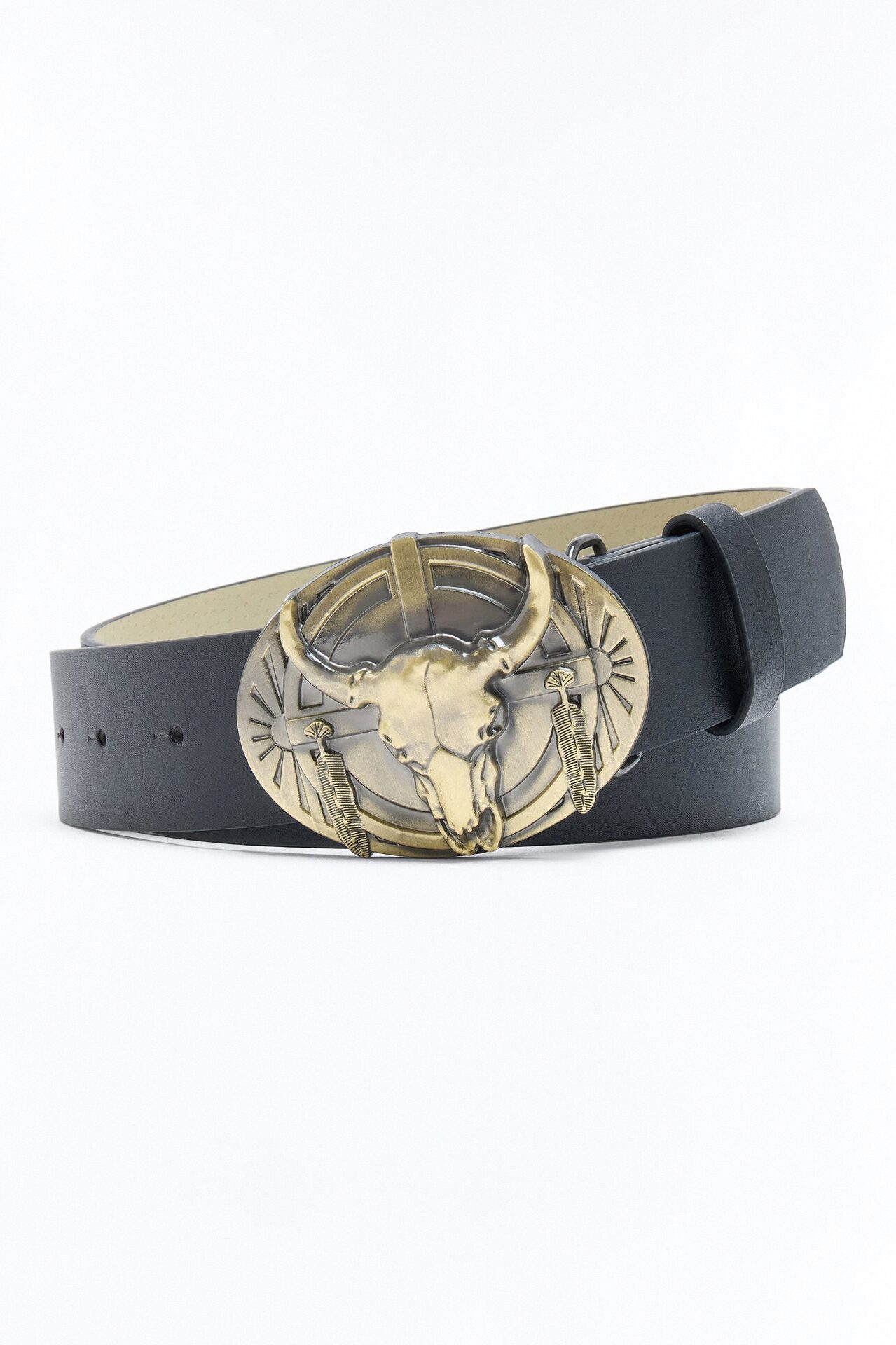 Into The Wild West Bull Buckle Faux Leather Belt - Black