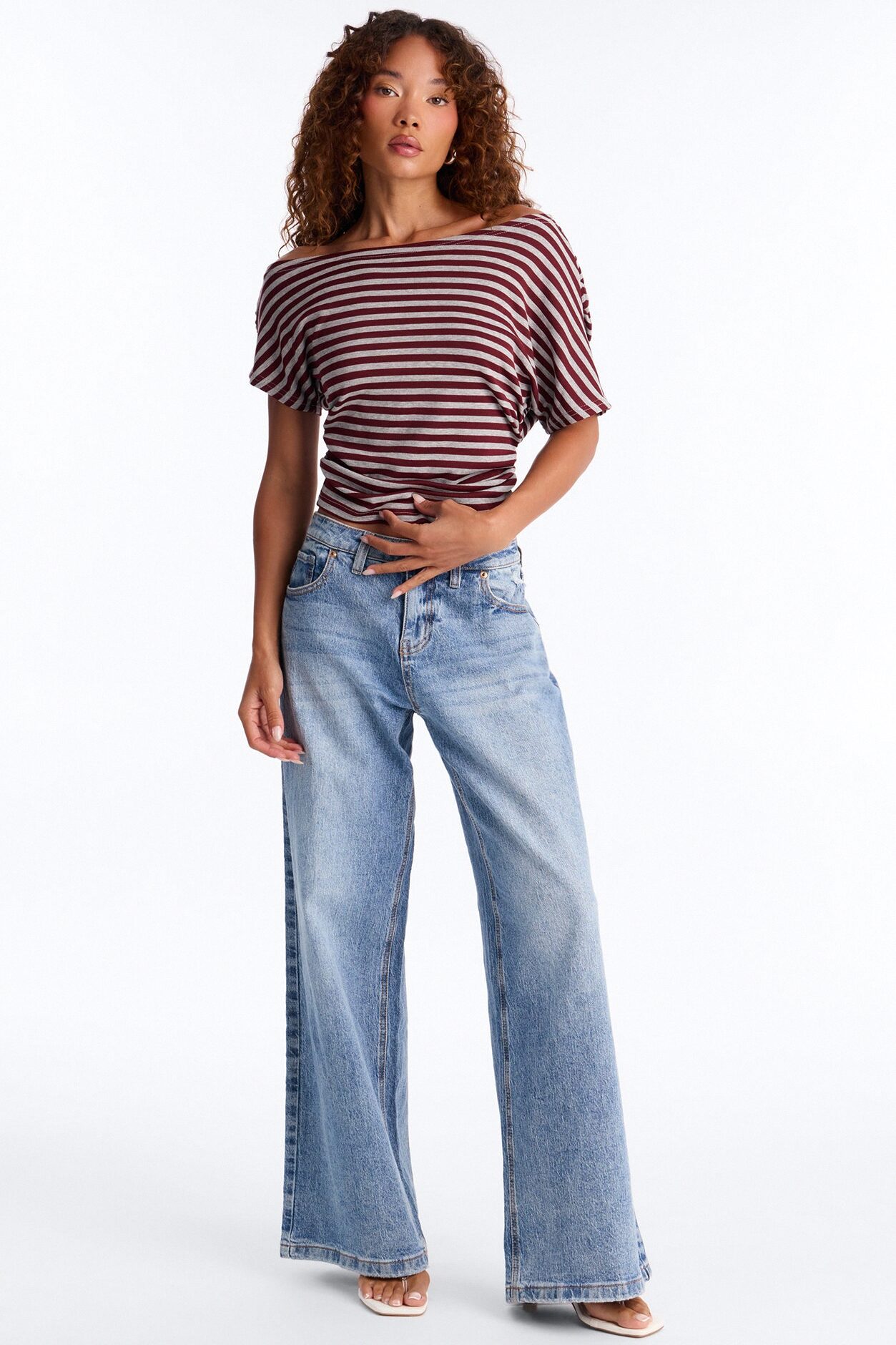 Zayna Striped Off Shoulder Short Sleeve Top - Burgundy/combo