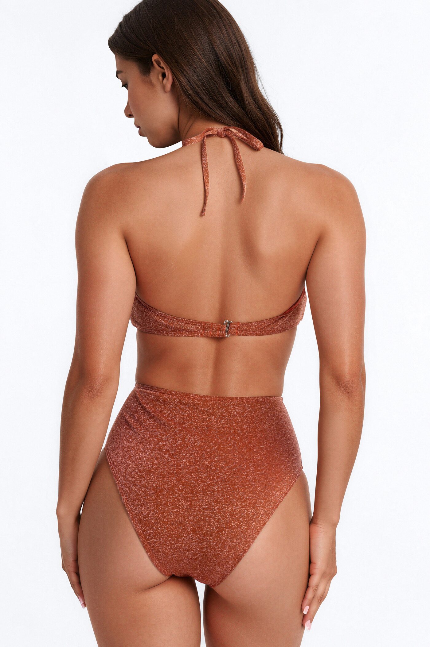 Glowing Shimmer 1 Piece Halter Bandeau Cut Out Swimsuit - Brown