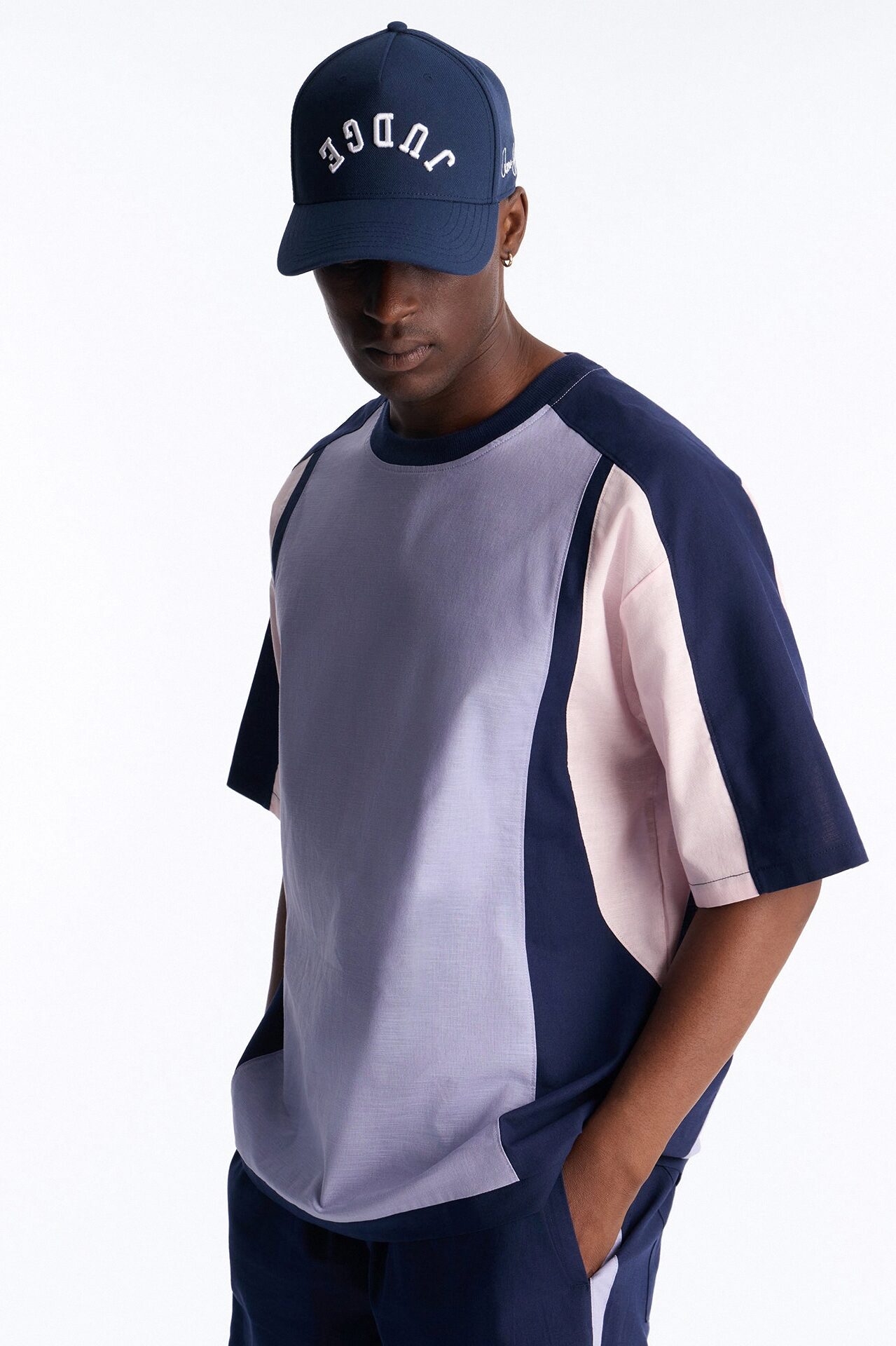 Basic Color Block Short Sleeve Tee - Purple/combo