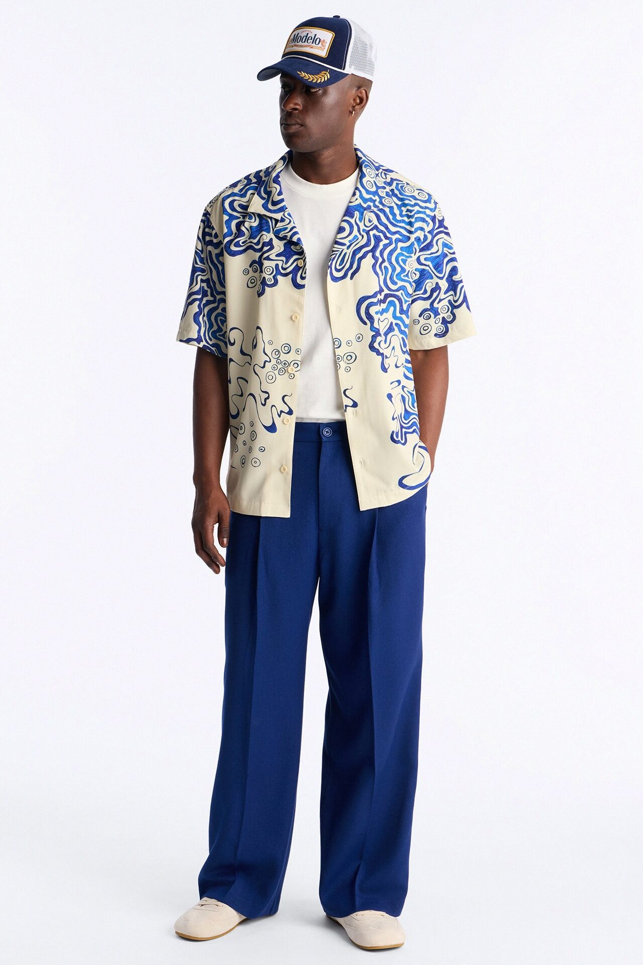 Relaxed Abstract Mykonos Cuban Collar Button Up Shirt - Blue/combo