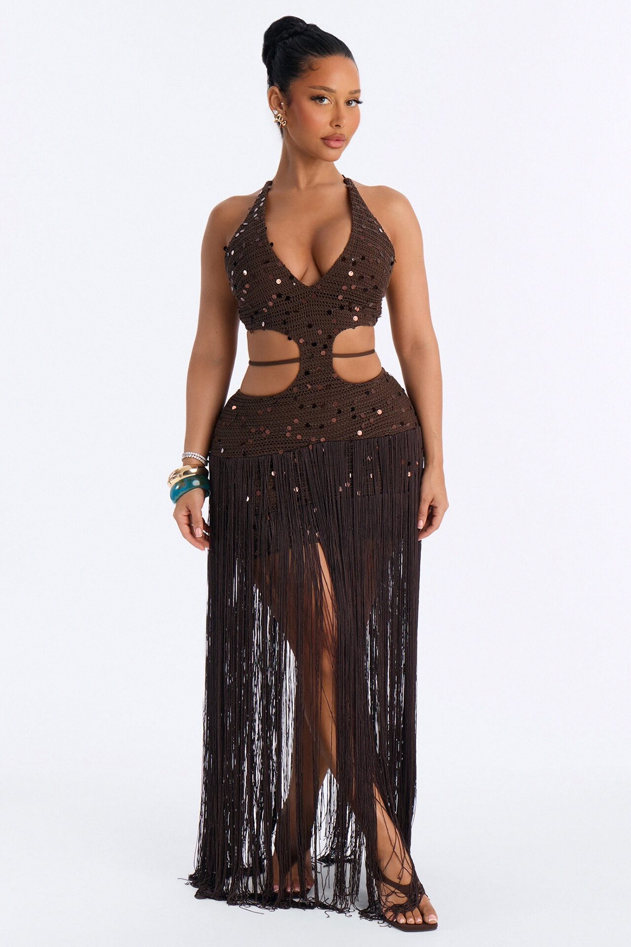Renee Fringe Crochet Maxi Dress - Brown