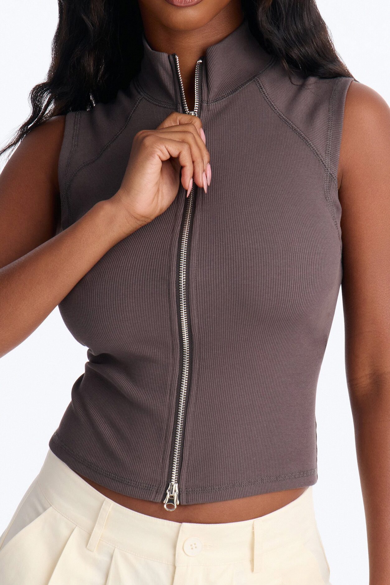 Brook Ribbed High Neck Zipper Sleeveless Top - Charcoal